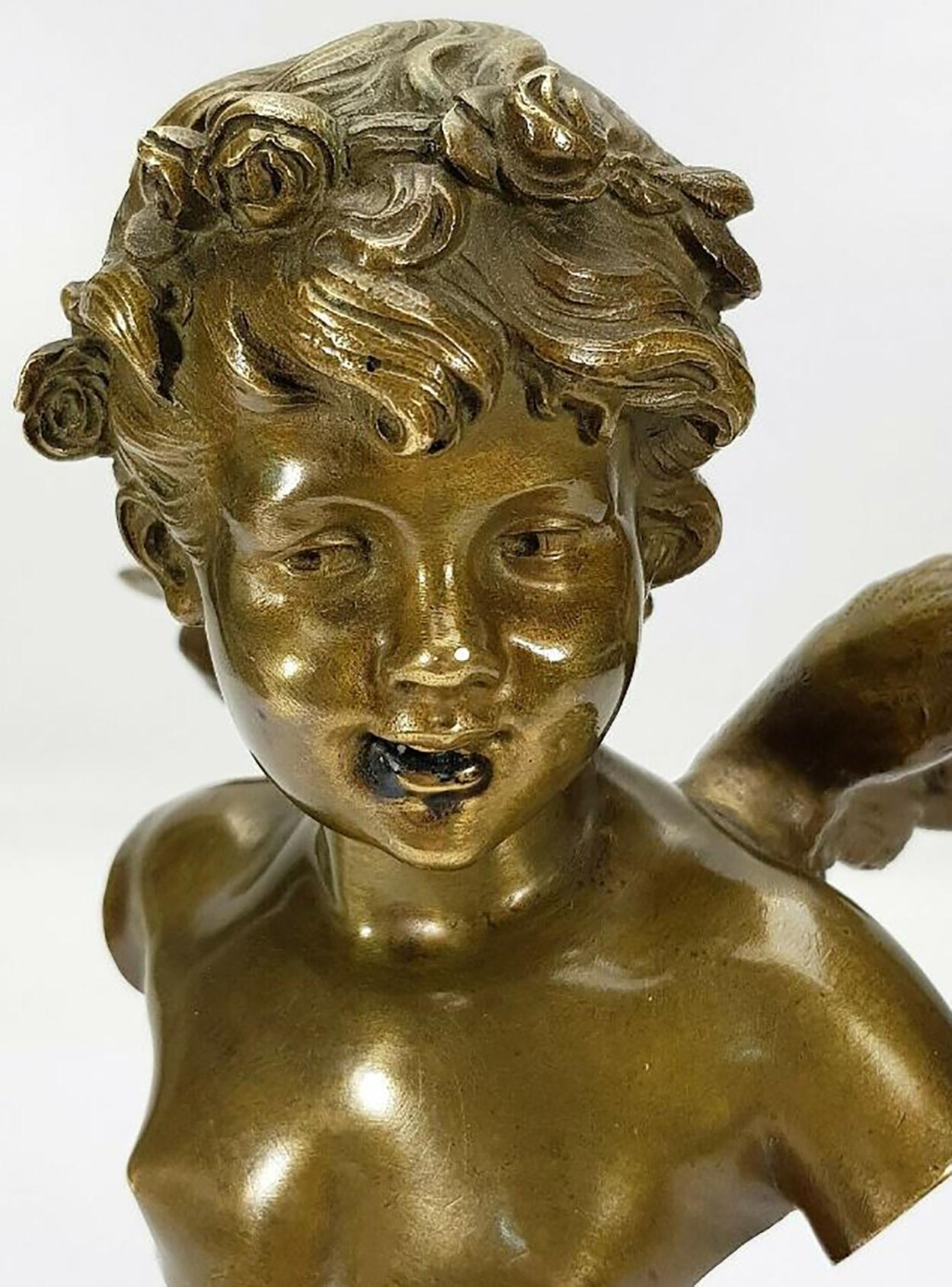 Auguste Moreau bronze angel putto. Original bronze, circa 1890 by Louis Auguste Moreau, (France, 1855-1919)

Depiction of a female angel with wings and rosary in curly hair.

Wonderful patina, very fine execution. Signature below the left