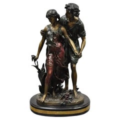 Auguste Moreau Bronze & Marbre Homme & Femme 28" Sculpture Amoureux Statue