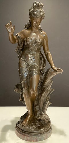 Auguste Moreau Bronze Sculpture "Jeune Fille a L'oiseauuguste" Young Girl