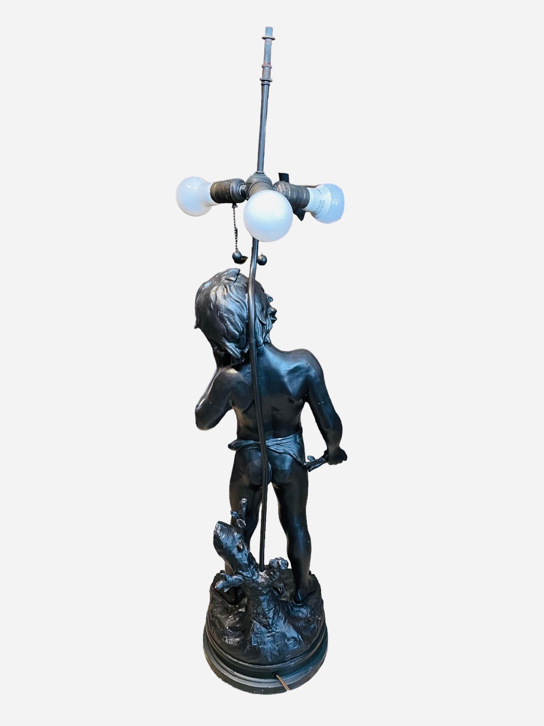 Art Nouveau Auguste Moreau “Charmeur” Patinated Metal Sculpture Lamp