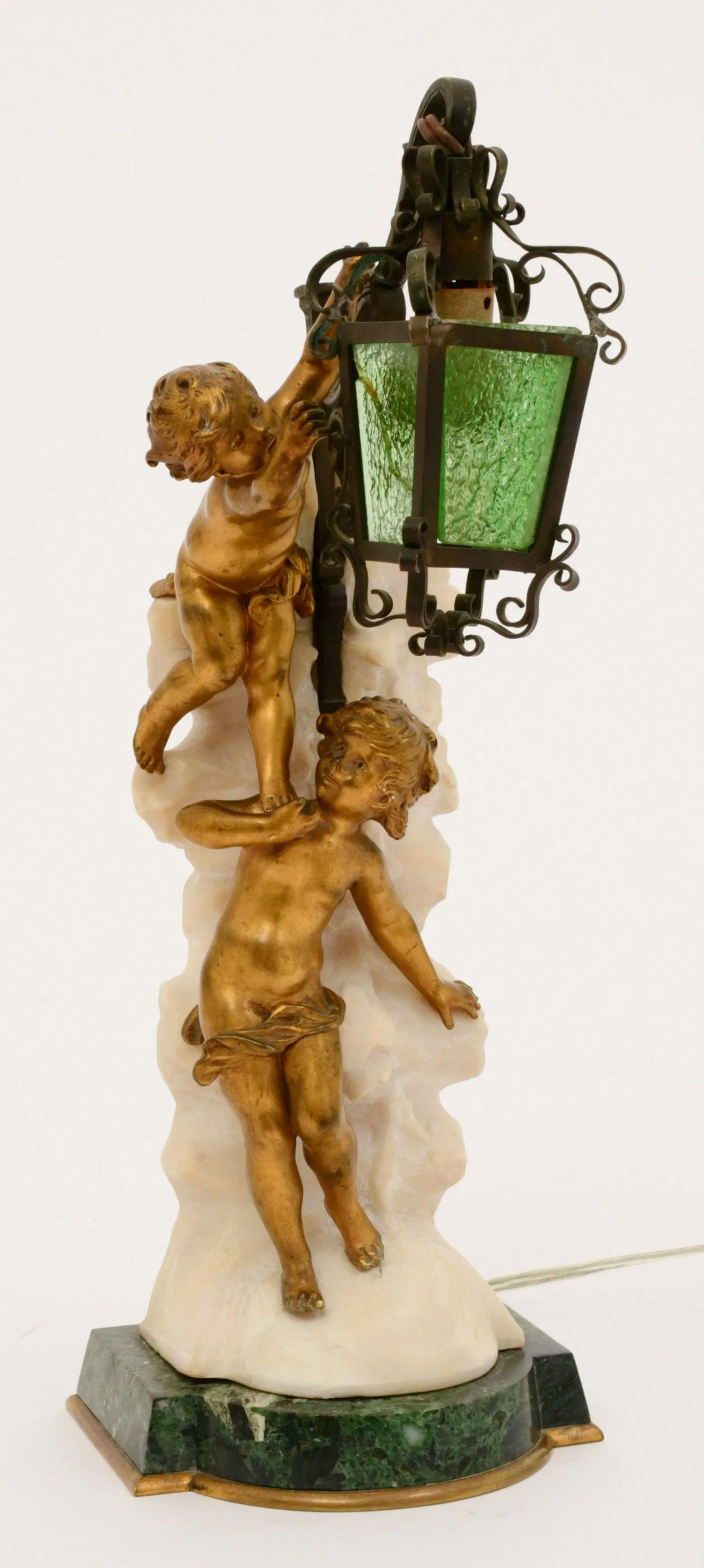 Auguste Moreau Figural Gilt Bronze and Marble French Table Lamp For