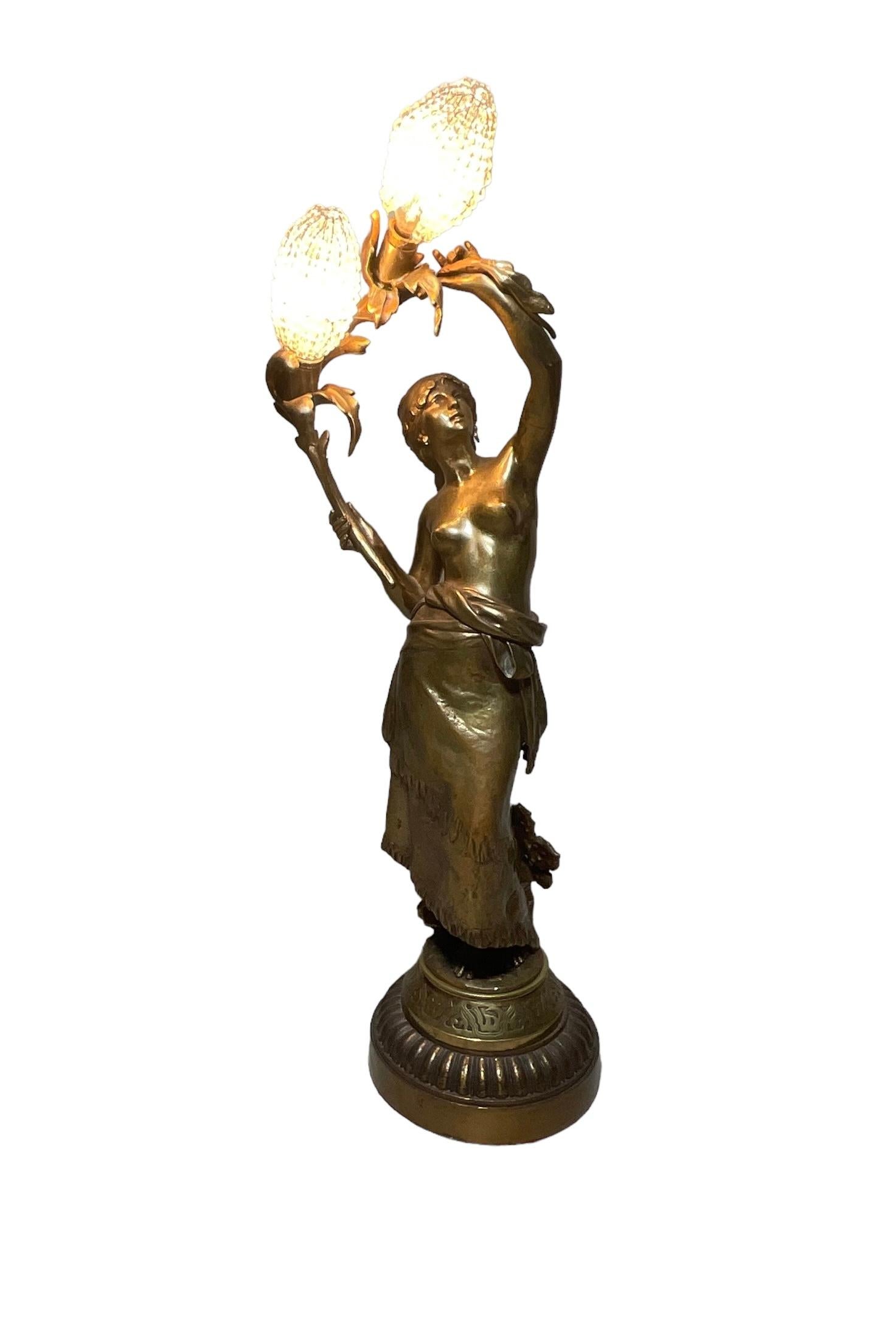 Hand-Carved Auguste Moreau Gypsy Sculpture Table Lamp For Sale