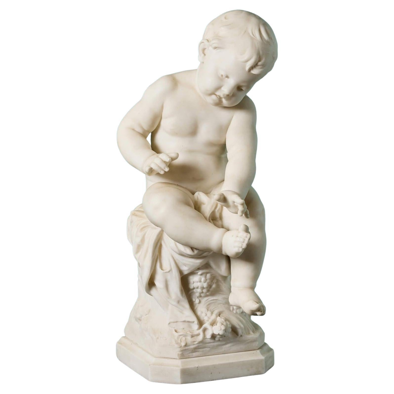 Statue en marbre d'Auguste Moreau sur un piédestal en bois dur ébénisé en vente
