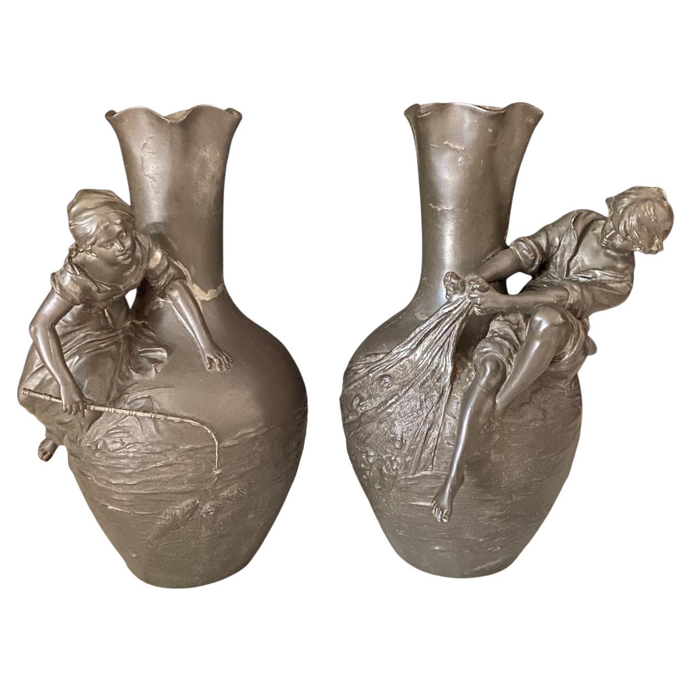  Auguste Moreau Pair of Signed French Art Nouveau Sculptural Vases For Sale