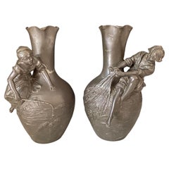  Auguste Moreau Pair of Signed French Art Nouveau Sculptural Vases