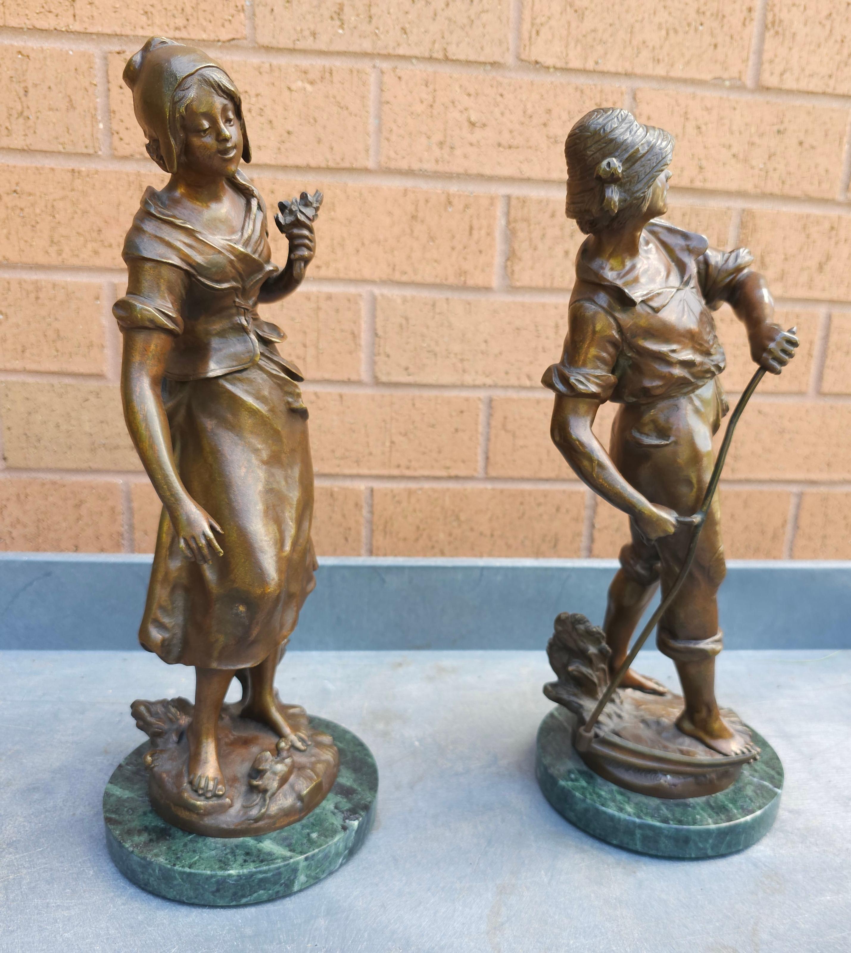 Auguste Moreau, Pair Patinated Bronze Figures Peasants on Marble Plinths For Sale 3