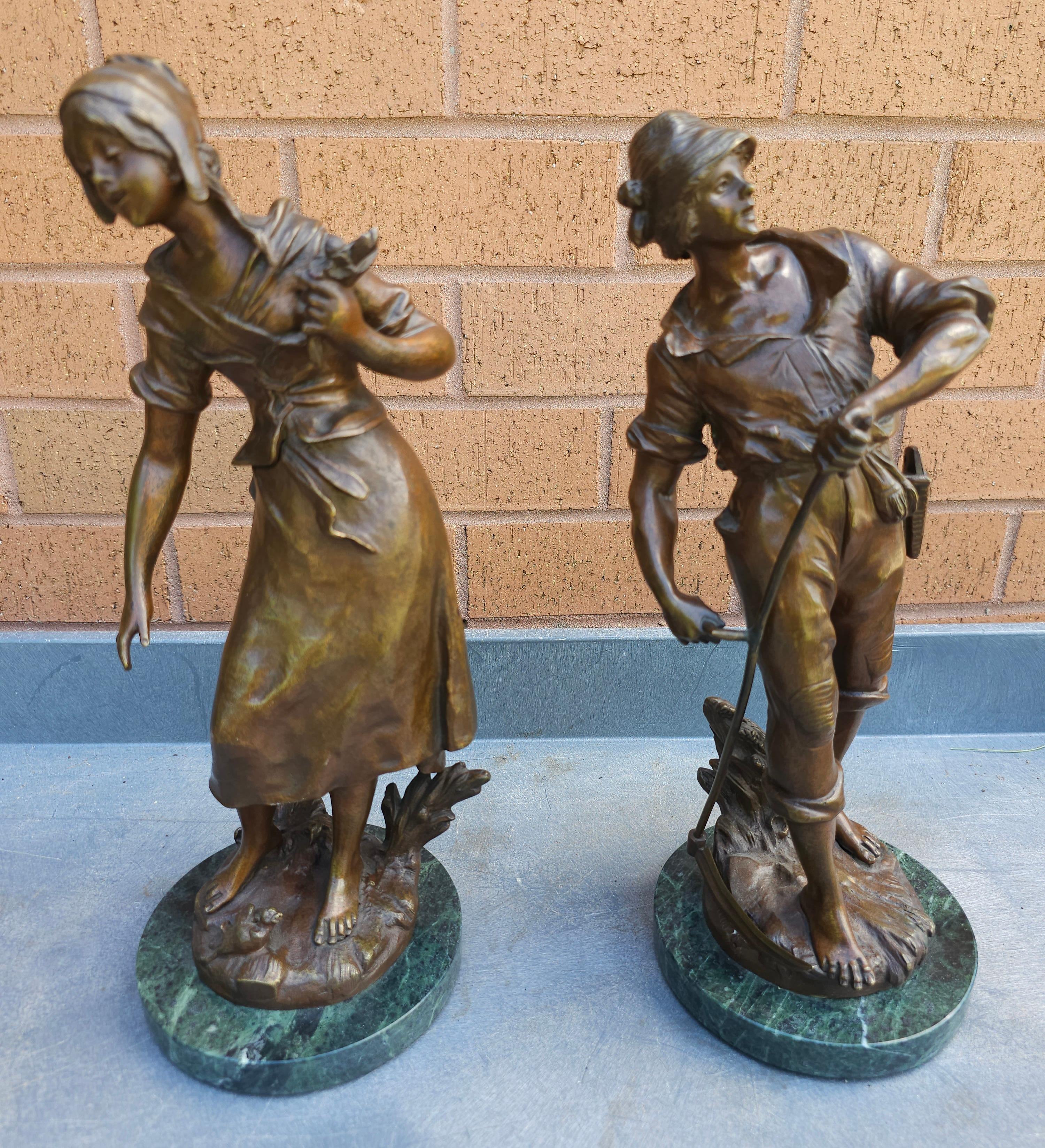 After Auguste Moreau ( French 1834-1917), Pair of Patinated Bronze Figures Peasants on Marble Plinths
Price is for the pair