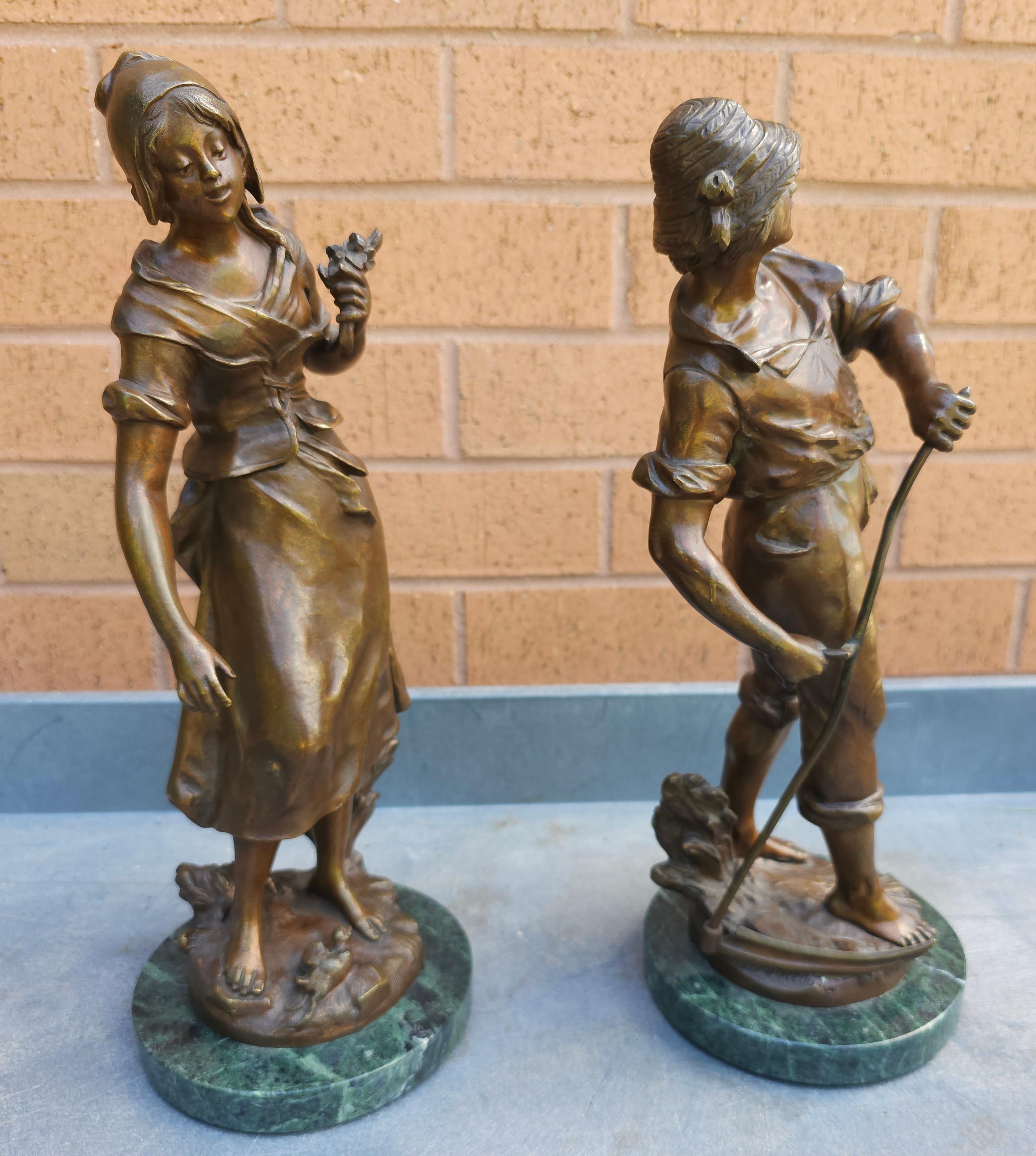 Other Auguste Moreau, Pair Patinated Bronze Figures Peasants on Marble Plinths For Sale
