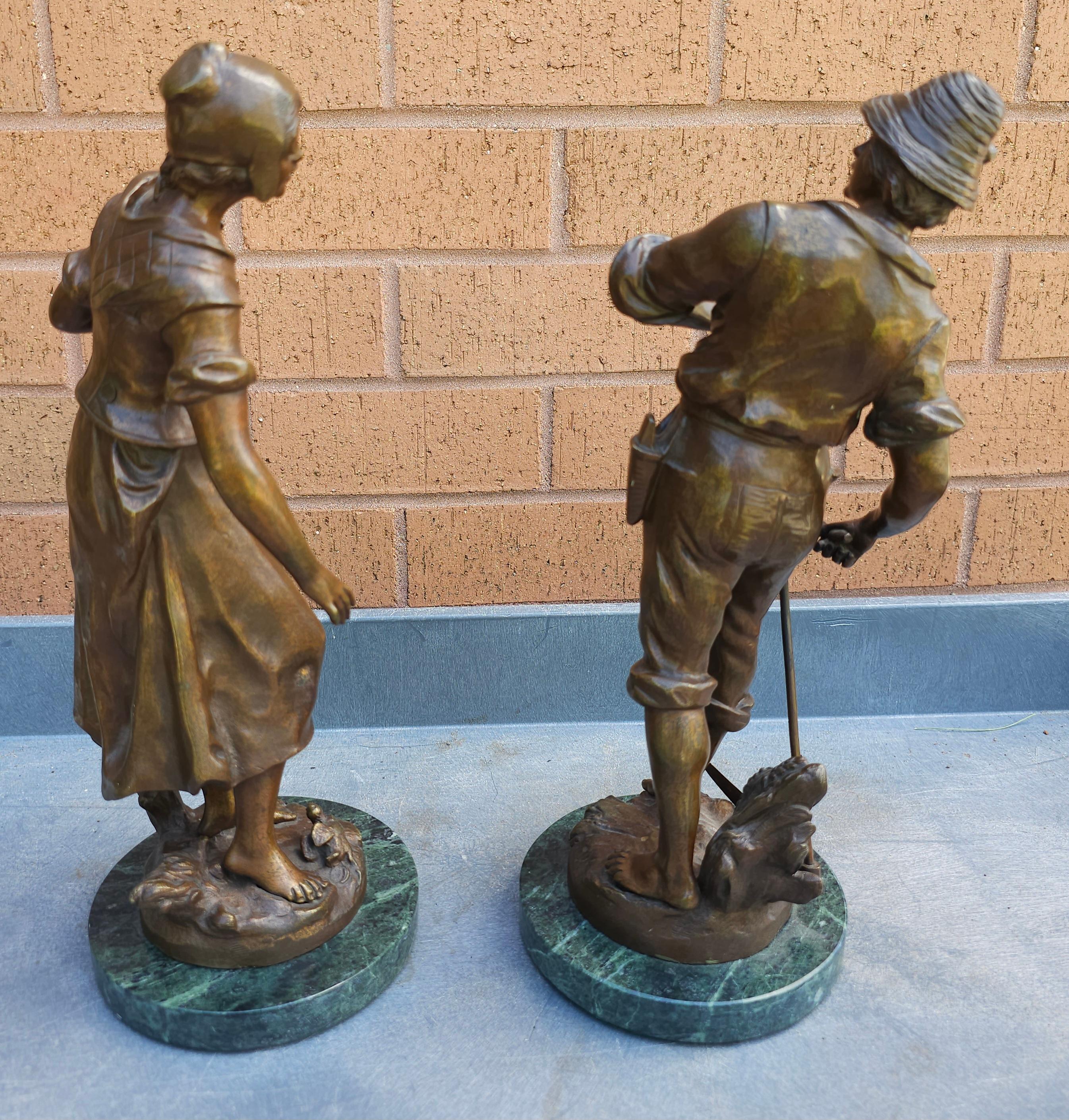 Unknown Auguste Moreau, Pair Patinated Bronze Figures Peasants on Marble Plinths For Sale