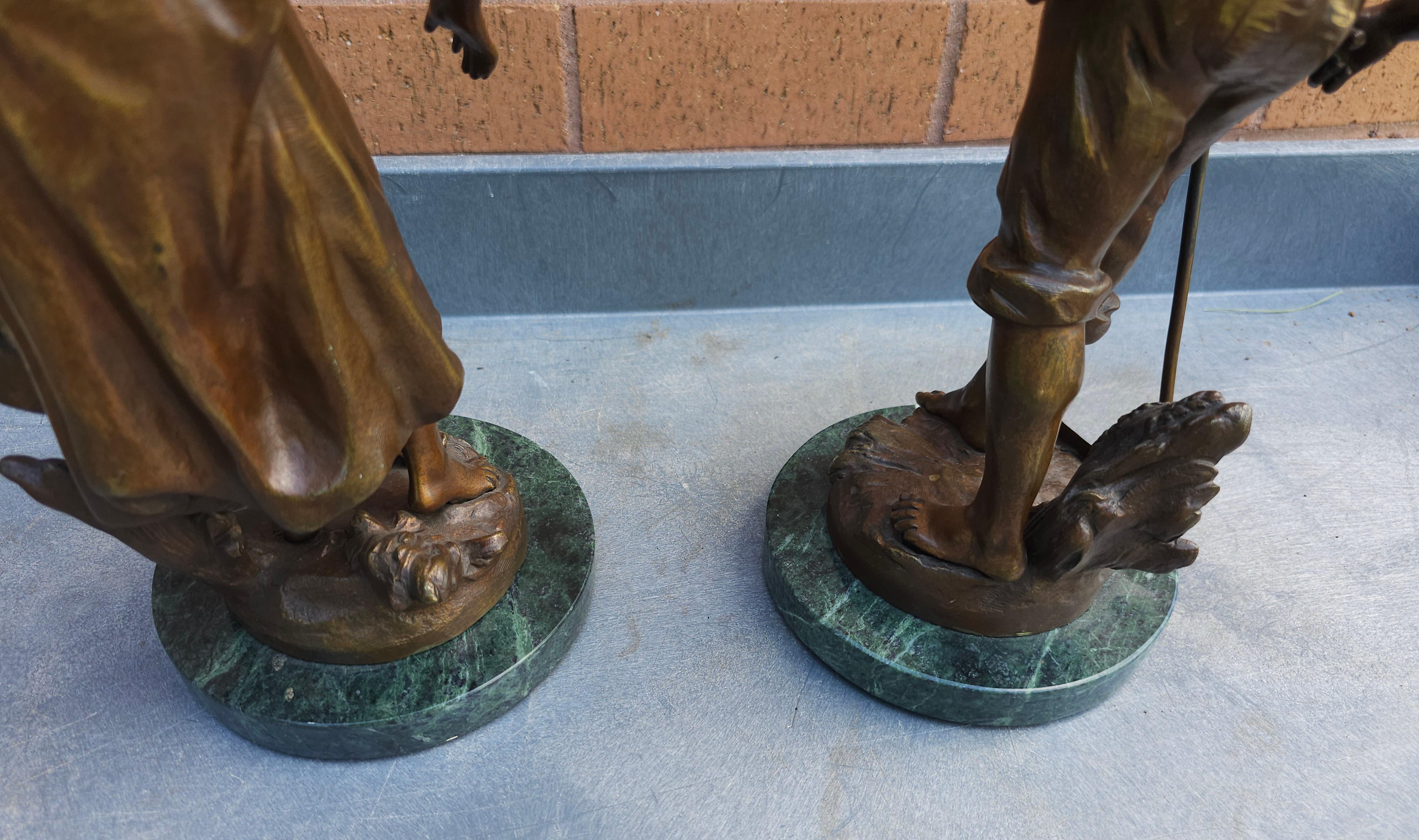 Auguste Moreau, Pair Patinated Bronze Figures Peasants on Marble Plinths In Good Condition For Sale In Germantown, MD