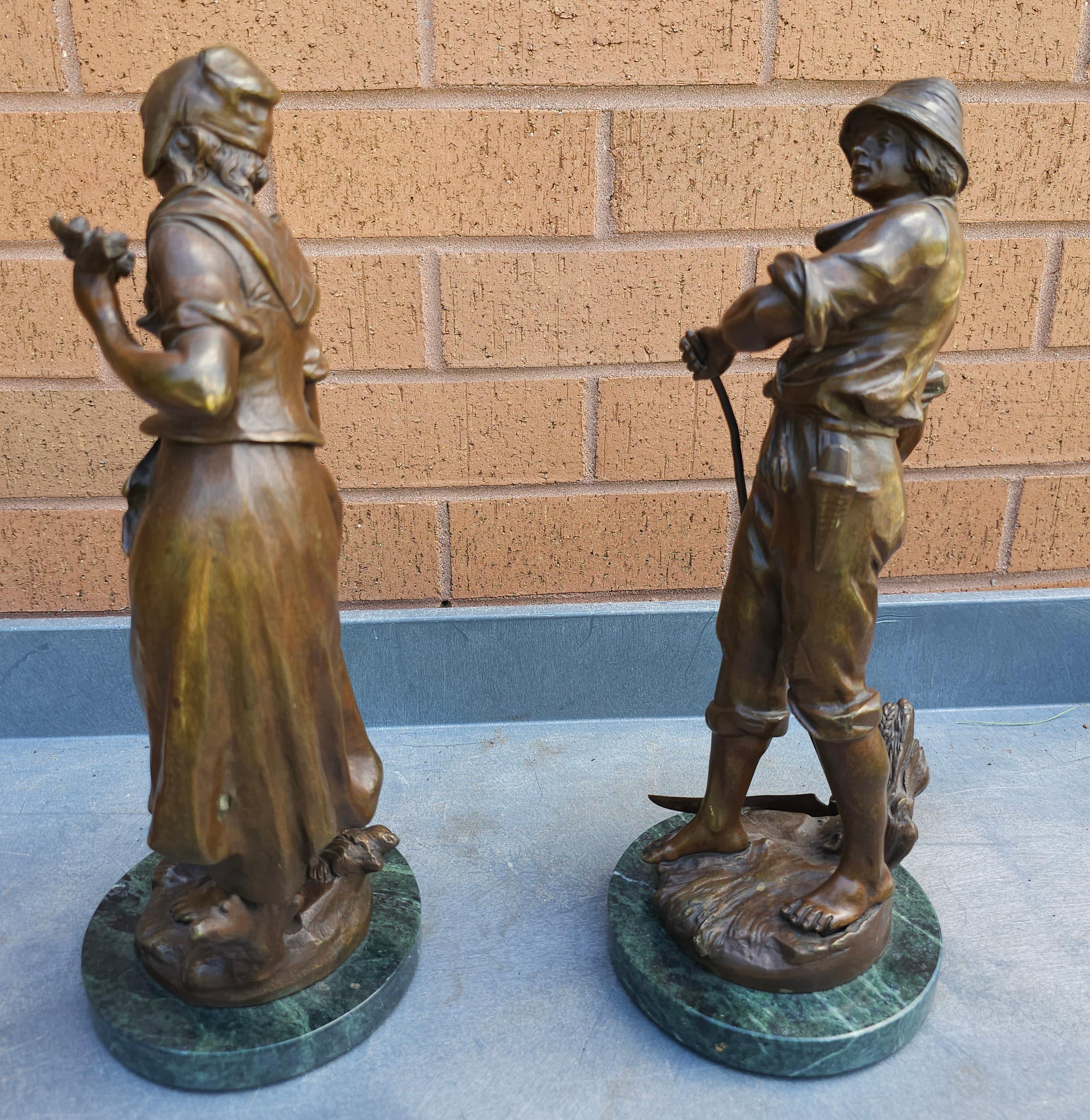 20th Century Auguste Moreau, Pair Patinated Bronze Figures Peasants on Marble Plinths For Sale