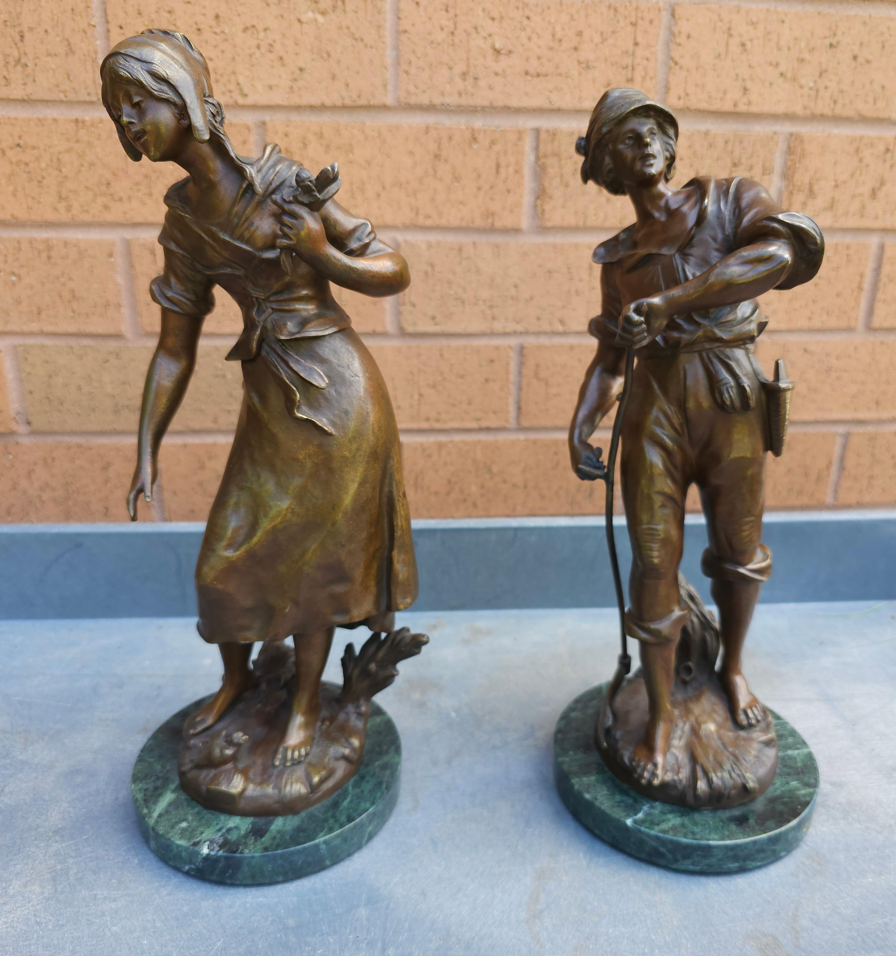 Auguste Moreau, Pair Patinated Bronze Figures Peasants on Marble Plinths For Sale 1