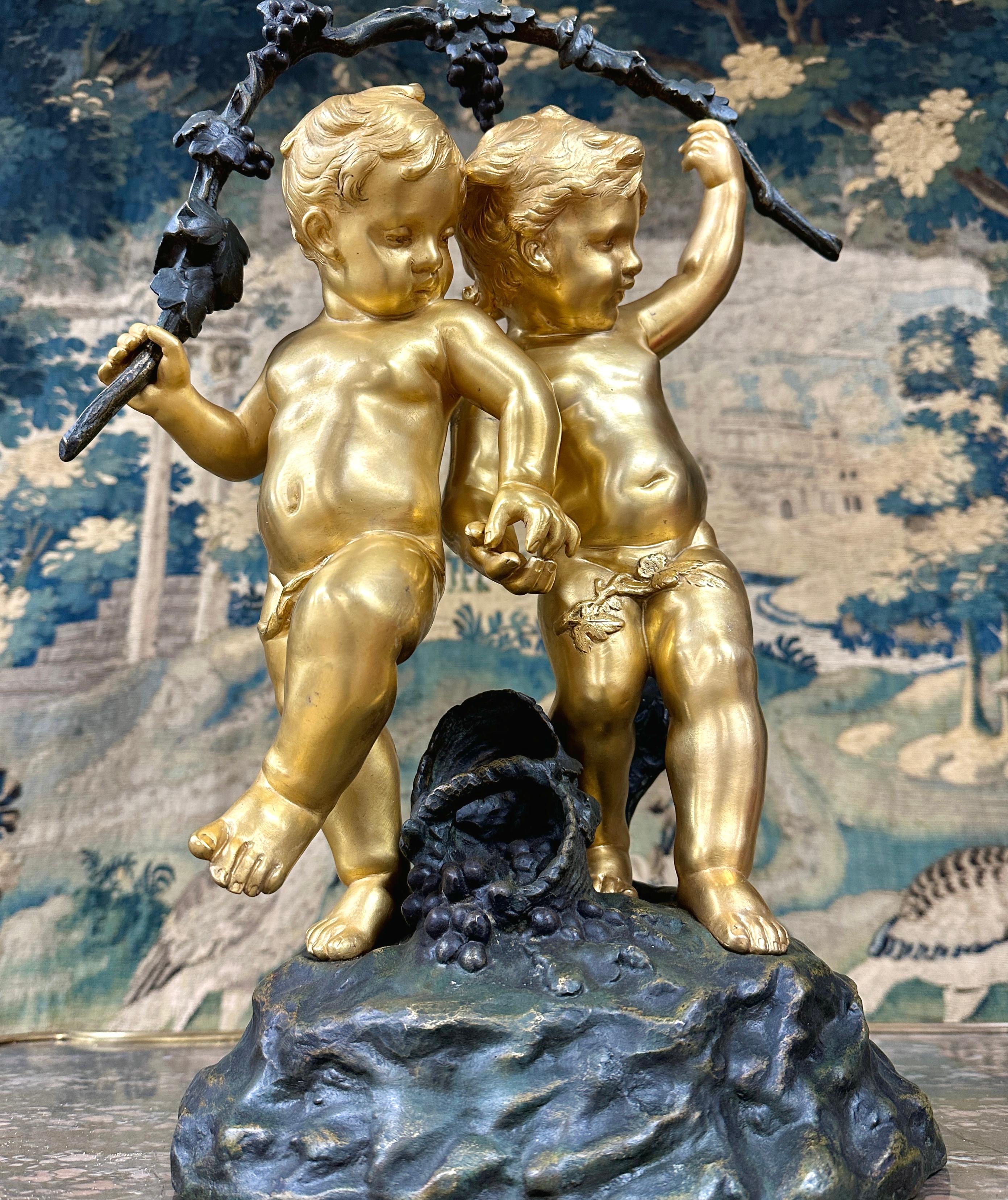 Auguste Moreau, Putti Carrying Vine Branches, Gilt Bronze, Late 19th Century 5