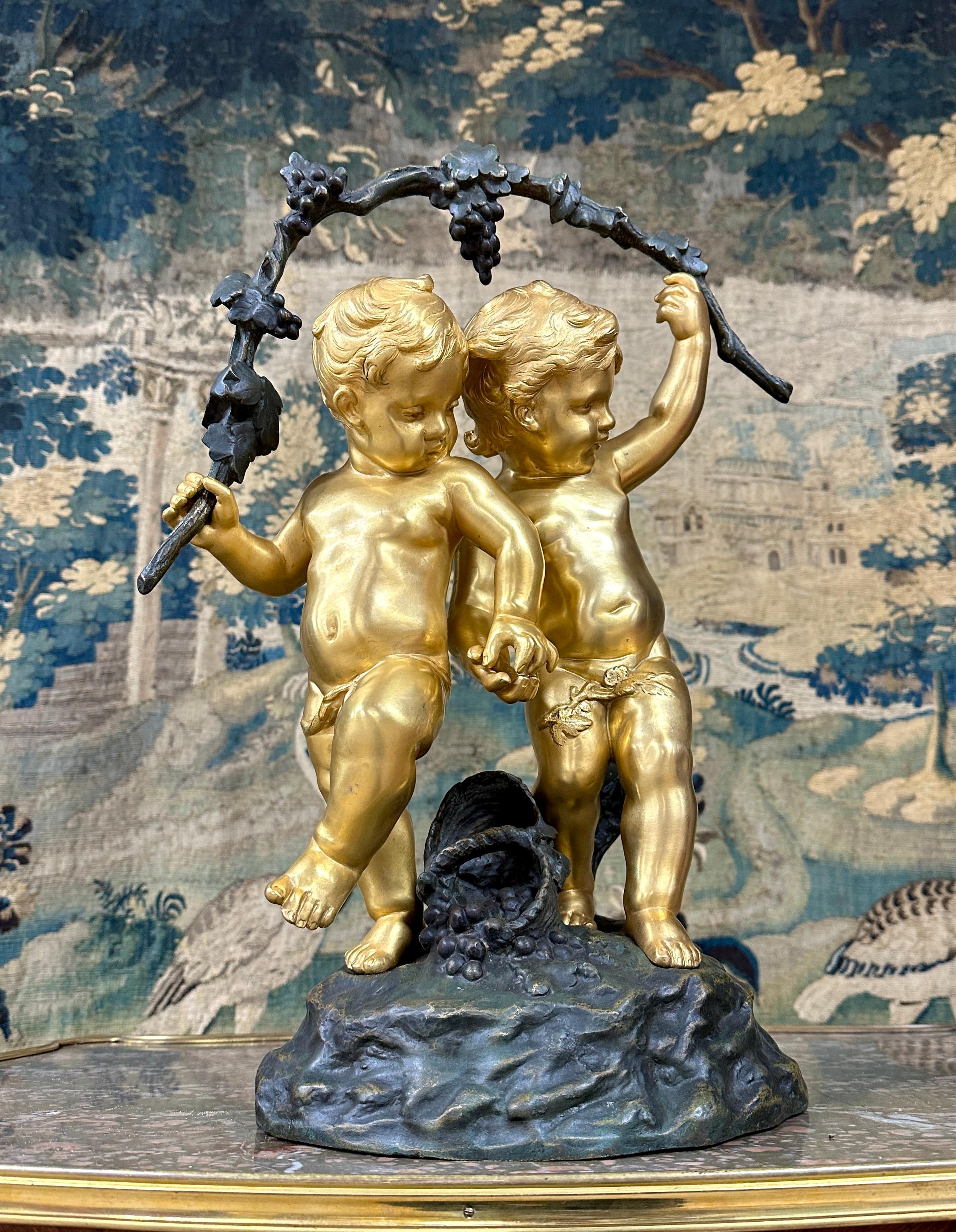 French Auguste Moreau, Putti Carrying Vine Branches, Gilt Bronze, Late 19th Century