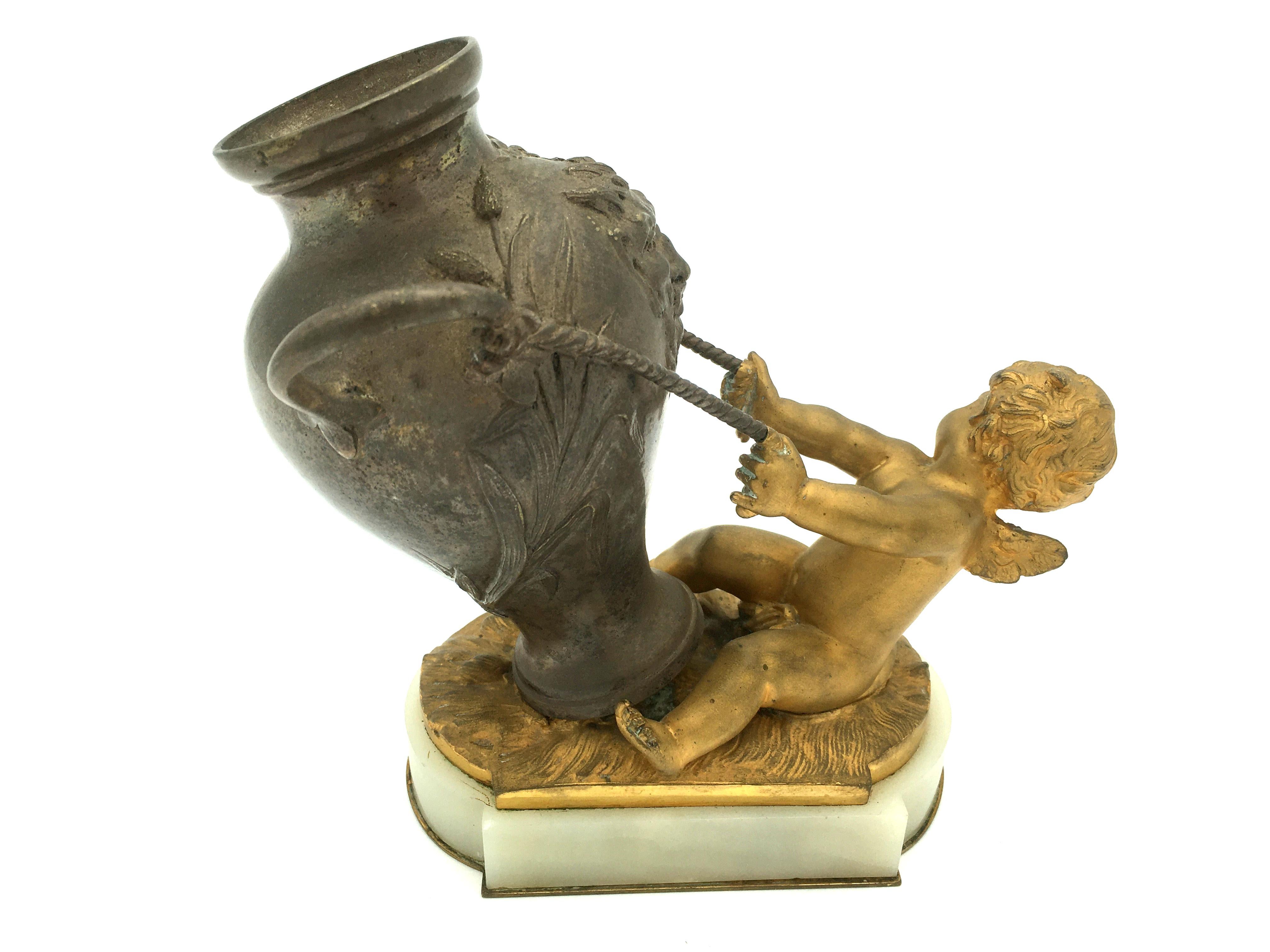 French Auguste Moreau Putti Raising a Jar Decorated with Satire Bronze, 19th Century