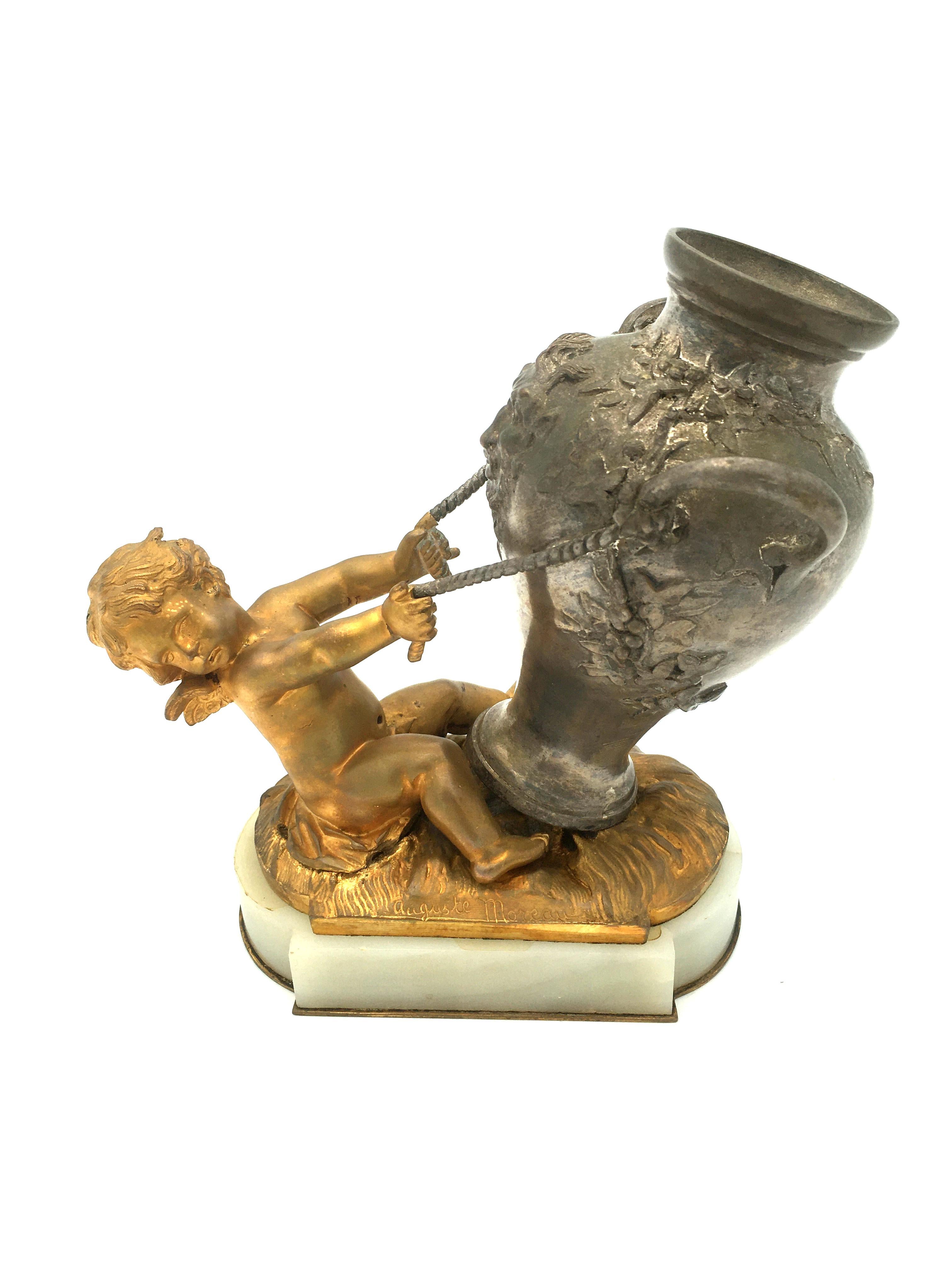 Auguste Moreau Putti Raising a Jar Decorated with Satire Bronze, 19th Century In Good Condition In Beuzevillette, FR