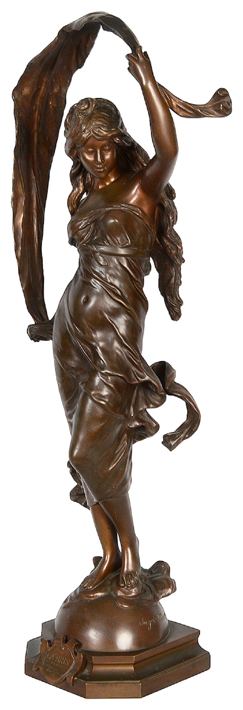 A fine quality late 19th Century patinated bronze sculpture entitled 'The Breeze' by Auguste Moreau.

Auguste Moreau (1834 – 1917) was a French sculptor born in Dijon. The third and youngest son of sculptor and painter Jean-Baptiste Moreau, Auguste