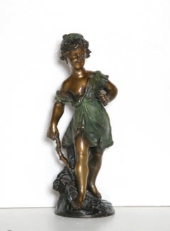 Antique Petit Fille, Bronze Sculpture with Patina