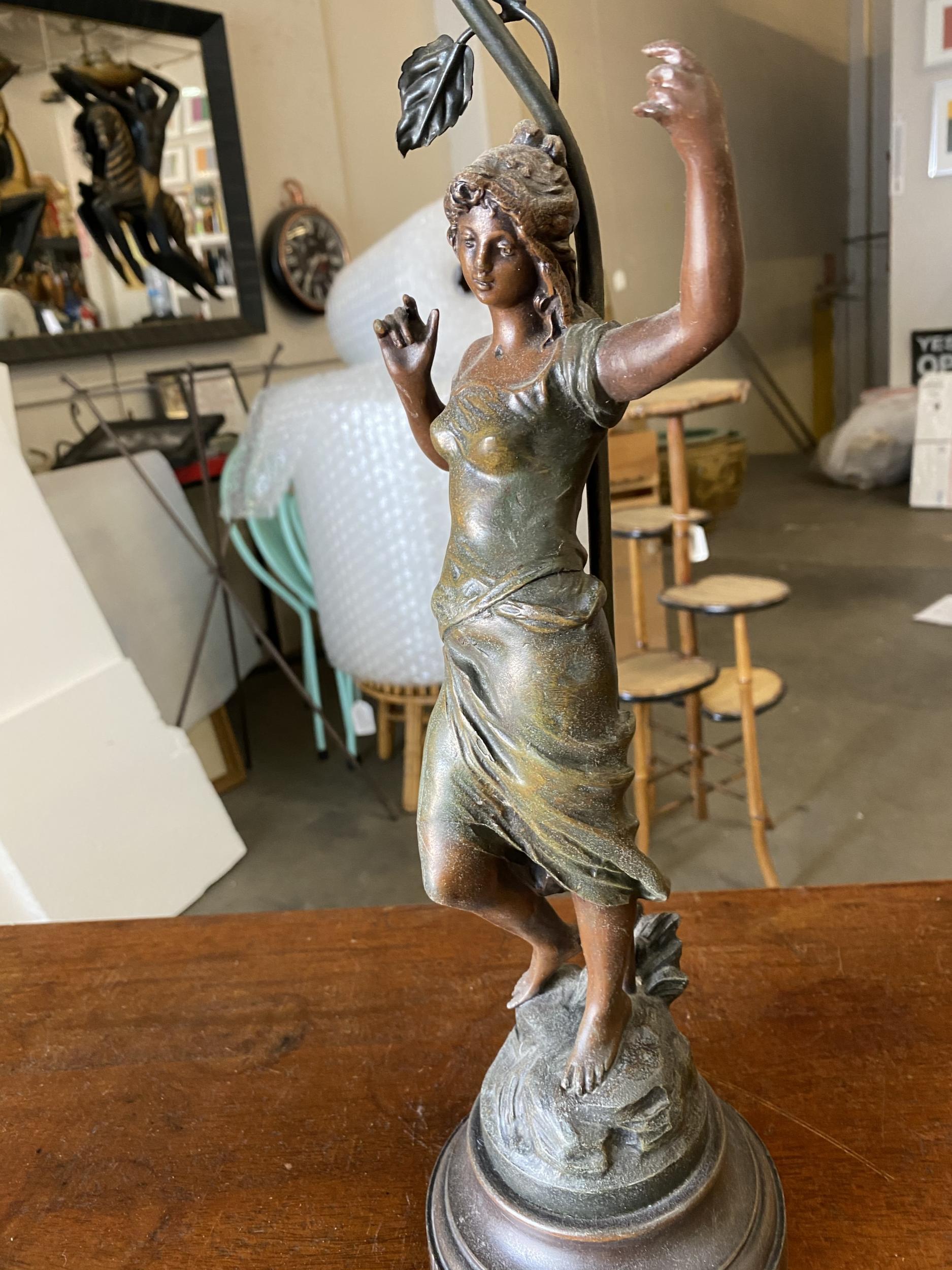 Auguste Moreau Signed Bronze-Plated Spelter Female Art Nouveau Figural Lamp 2