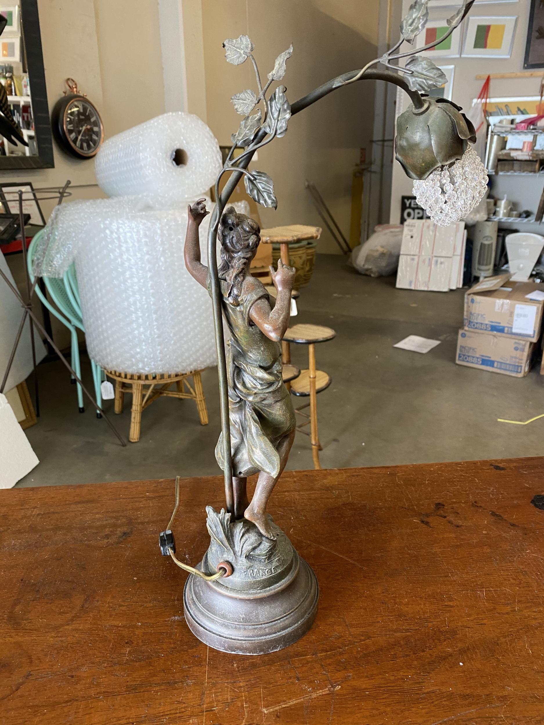 American Auguste Moreau Signed Bronze-Plated Spelter Female Art Nouveau Figural Lamp
