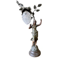 Antique Auguste Moreau Signed Bronze-Plated Spelter Female Art Nouveau Figural Lamp