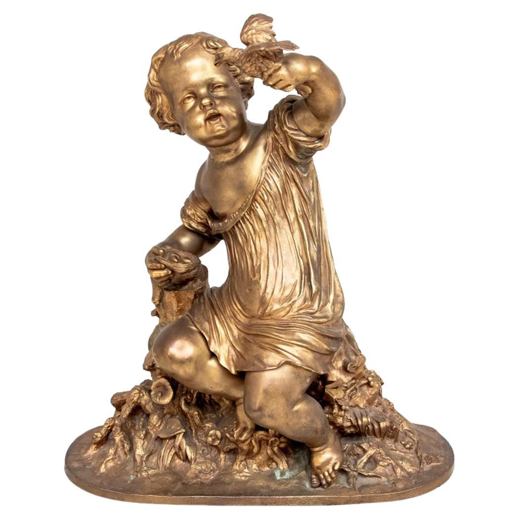 Auguste Moreau "The Egg Thief" Gilt Bronze im Angebot