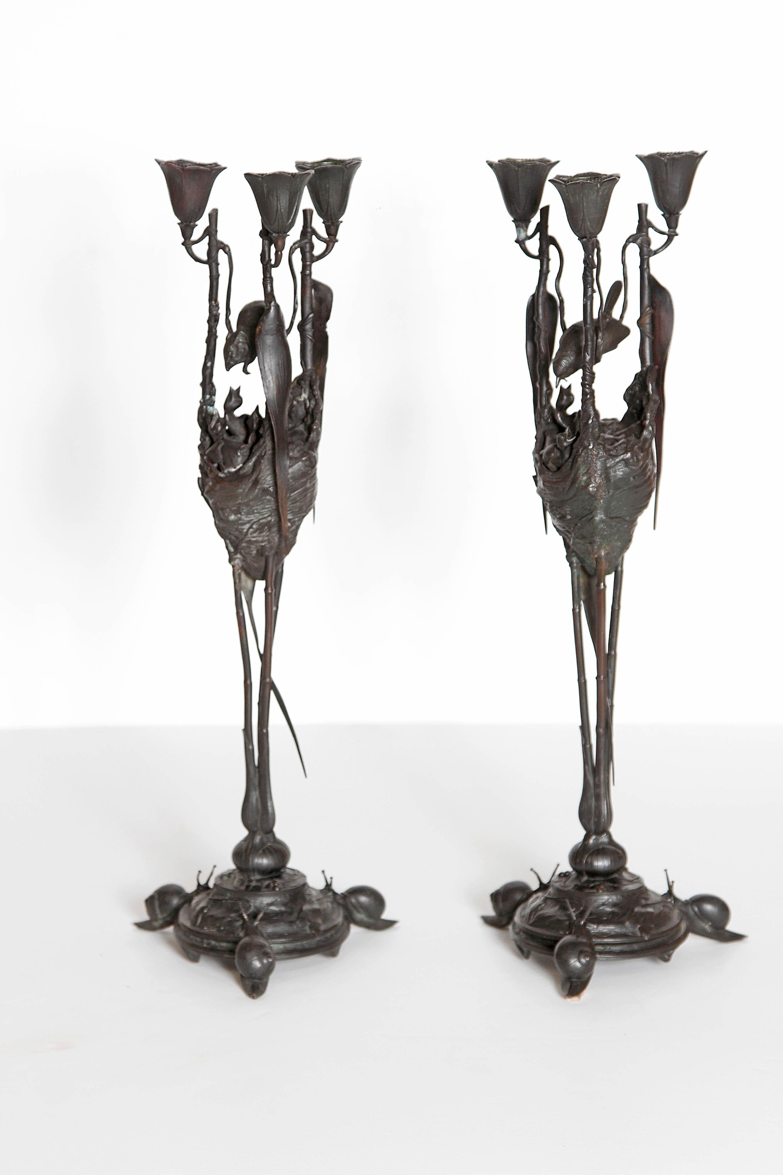 19th Century Auguste-Nicolas Cain, Pair of French Candelabra with Bird's Nest