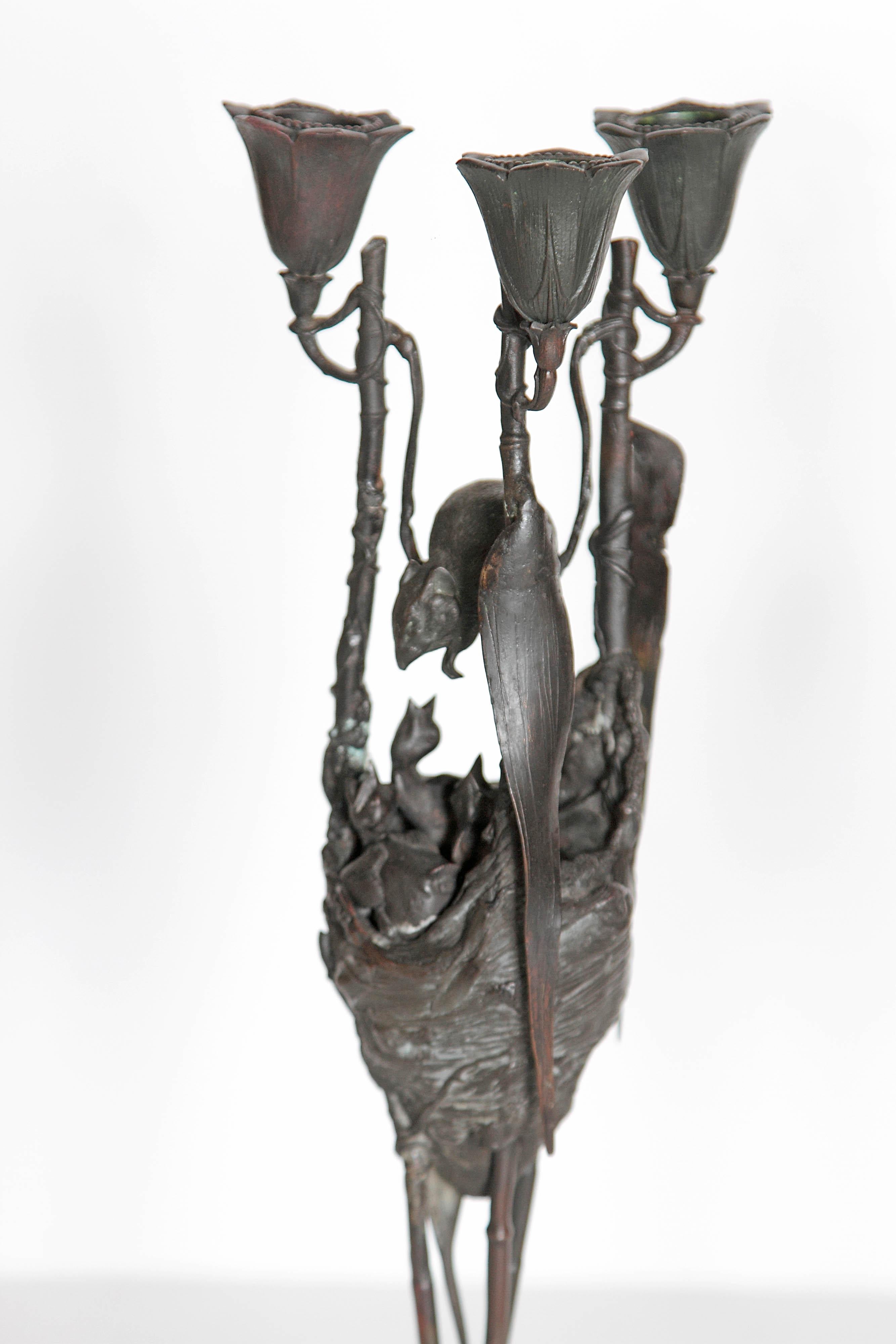 Bronze Auguste-Nicolas Cain, Pair of French Candelabra with Bird's Nest