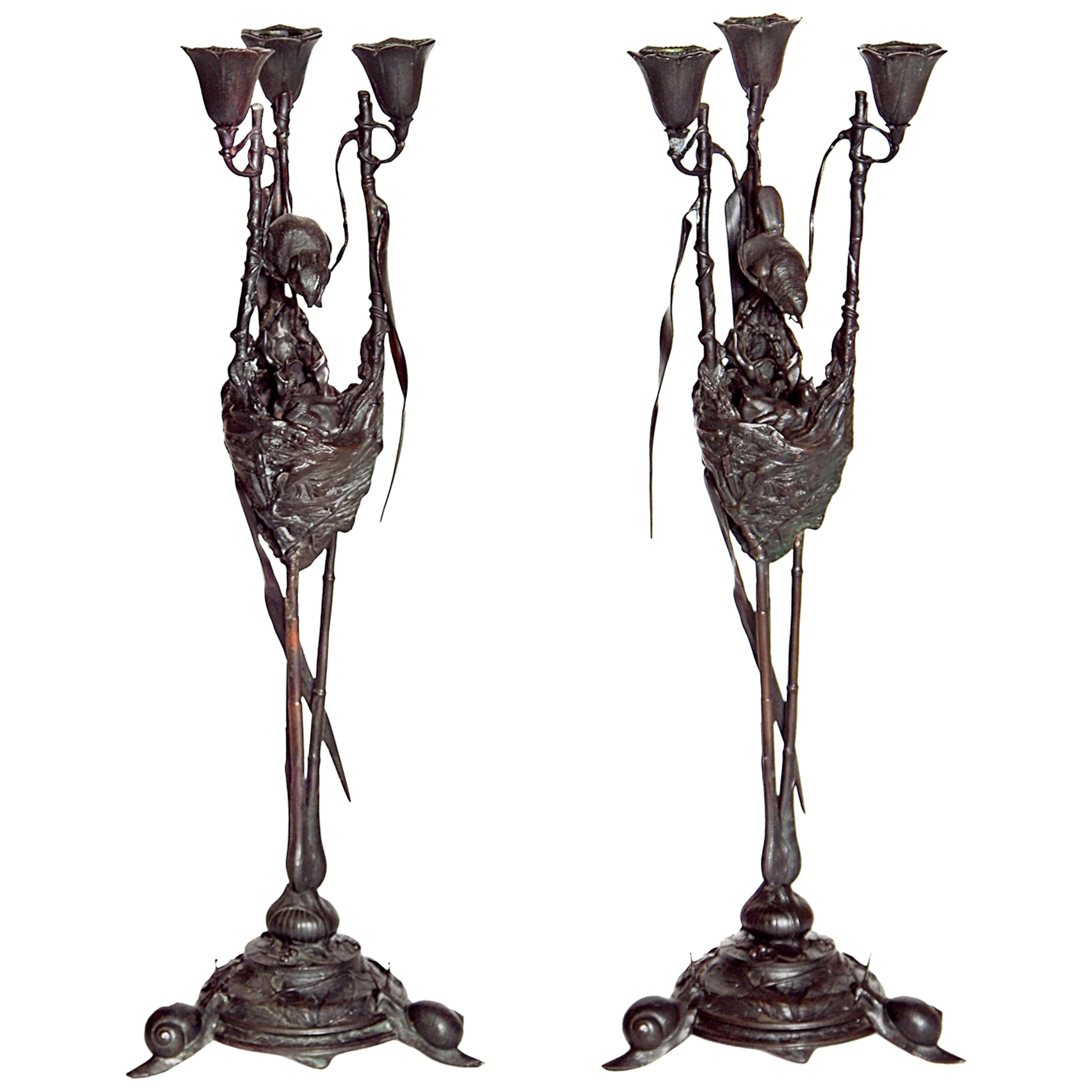 Auguste-Nicolas Cain, Pair of French Candelabra with Bird's Nest