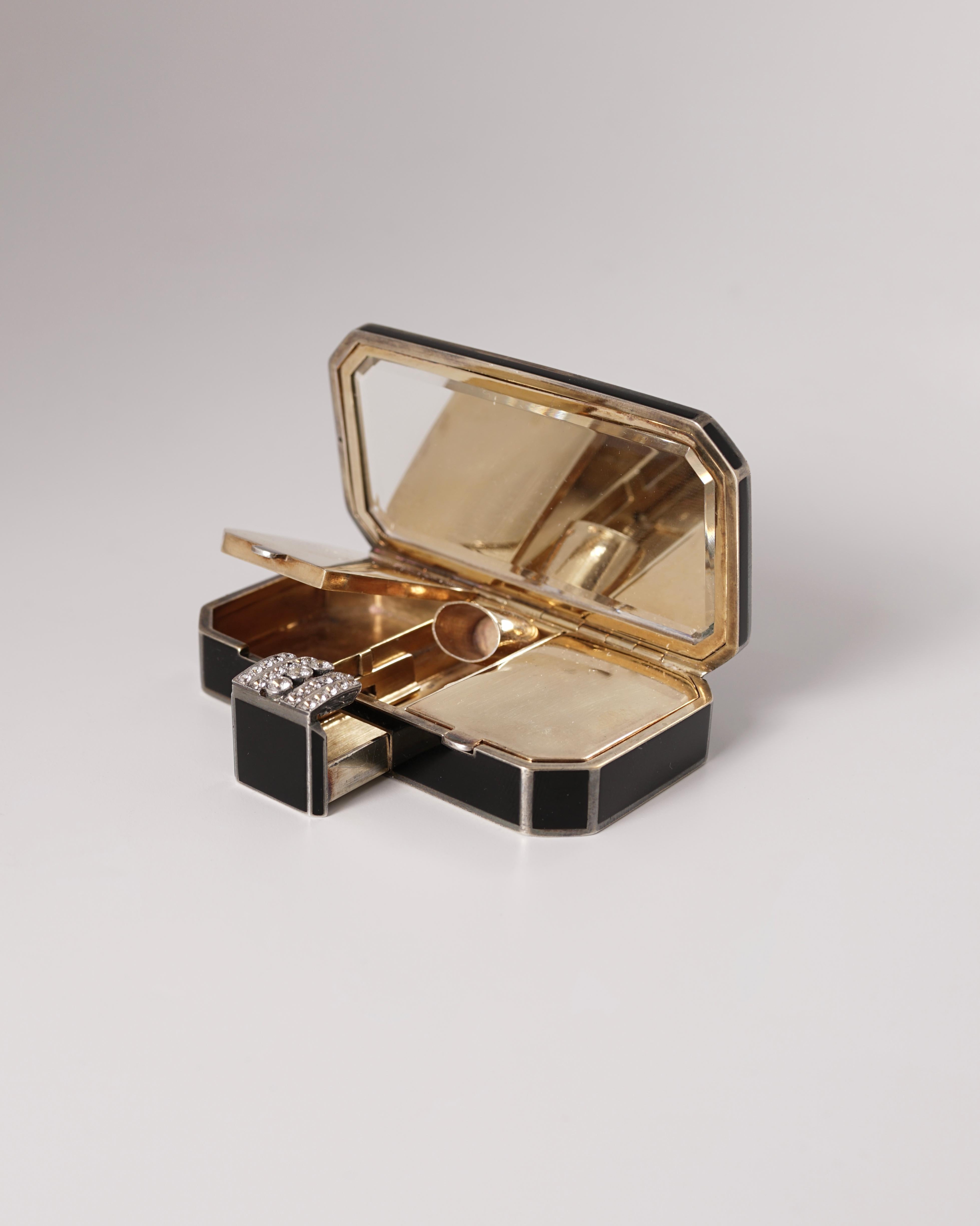 Art déco Auguste Peyroula:: Compact français en or:: argent:: émail et bijoux:: vers 1925