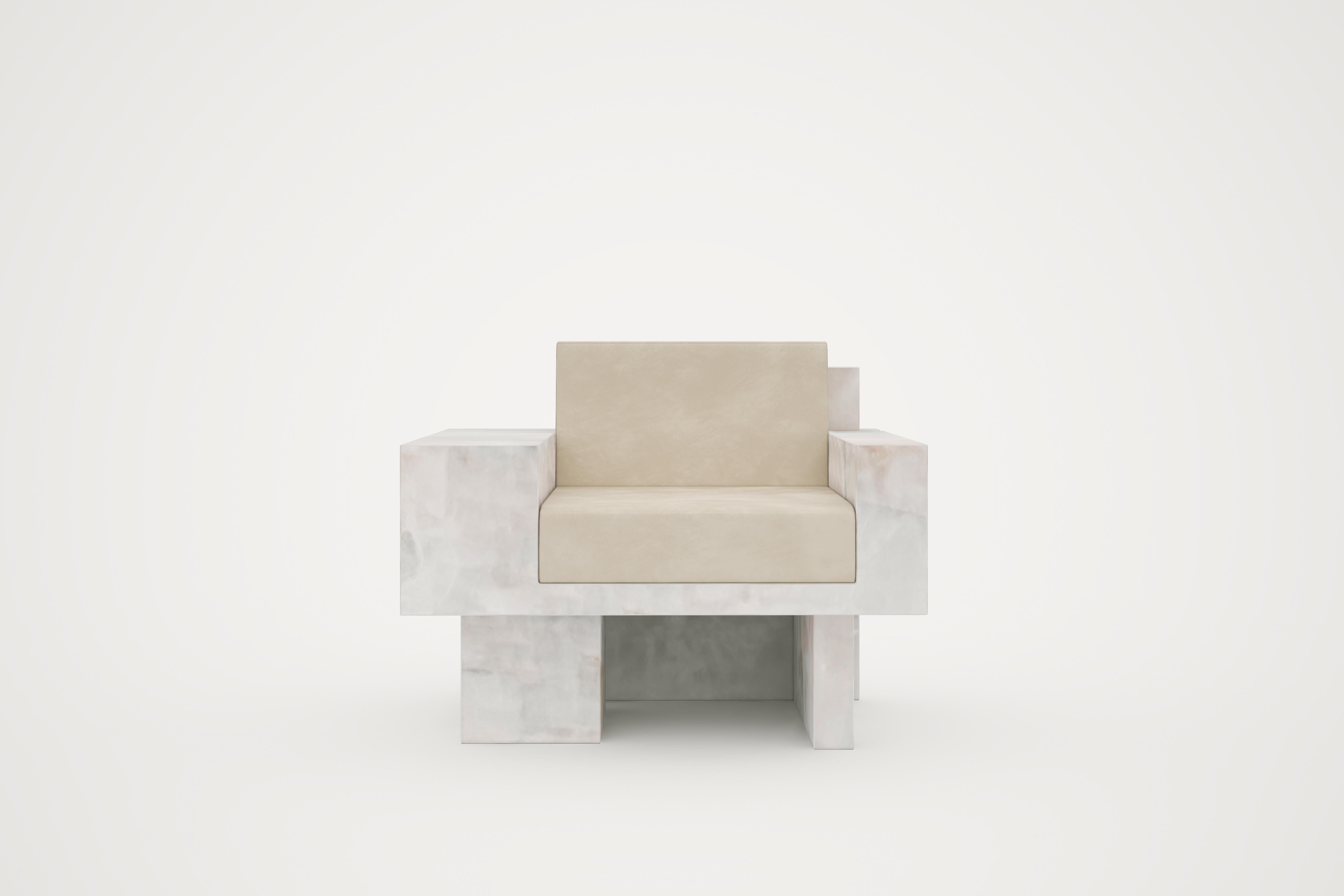 Auguste Piece 01 White Onyx Limited Edition Armchair by Tristan Montabord-Marc
Limited Edition Of 12 Pieces
Dimensions: D 69 x W 85 x H 68 cm. 
Materials: Onyx.

Also available in Zericote wood and bronze. Prices may vary. Please contact