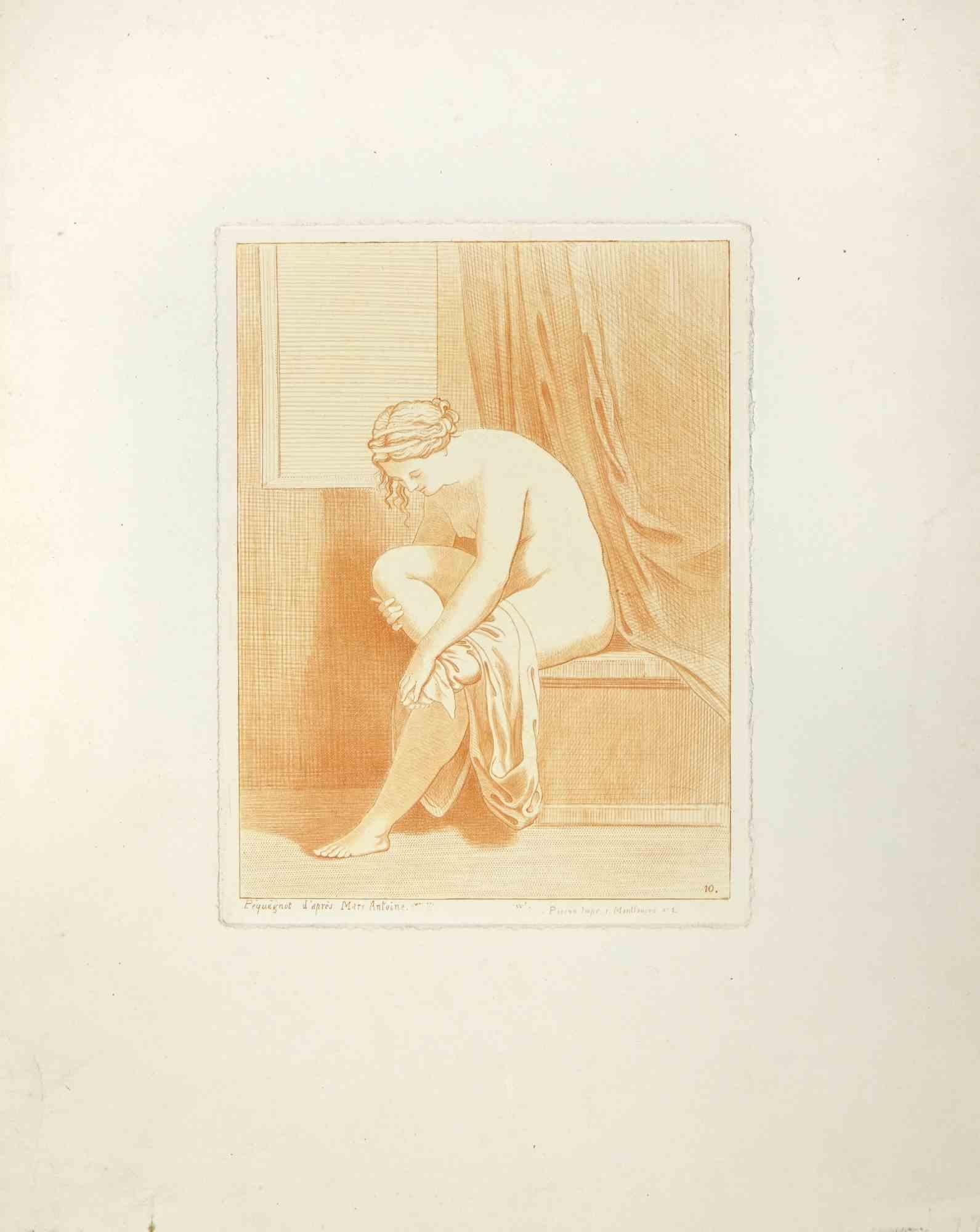 Female Nude Sitting in Profile is an original print realized by Auguste Péquégnot after Marcantonio Raimondi in the 19th century.

Etching on paper.

Signed on the plate.

Good conditions.