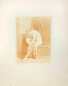 Female Nude Sitting in Profile - Etching by Auguste Péquégnot - 19th century