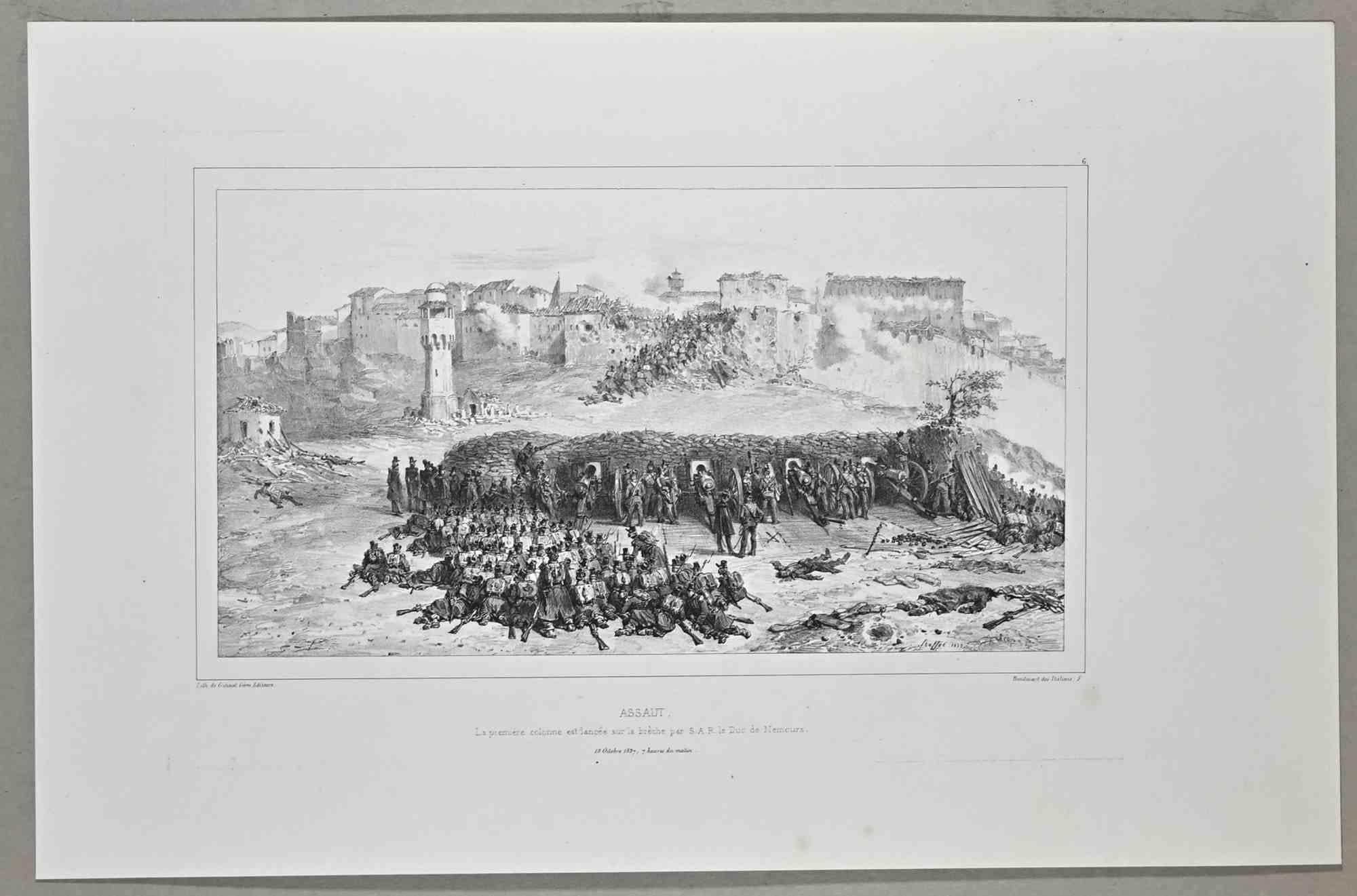 Assaut is a lithograph realized by Auguste Raffet (1804-1860).

Good condition included a cream colored cardboard passpartout (36x53 cm).

Titled, Dated on plate on the lower margin, signature on right corner.

Denis Auguste Marie Raffet (1804 –