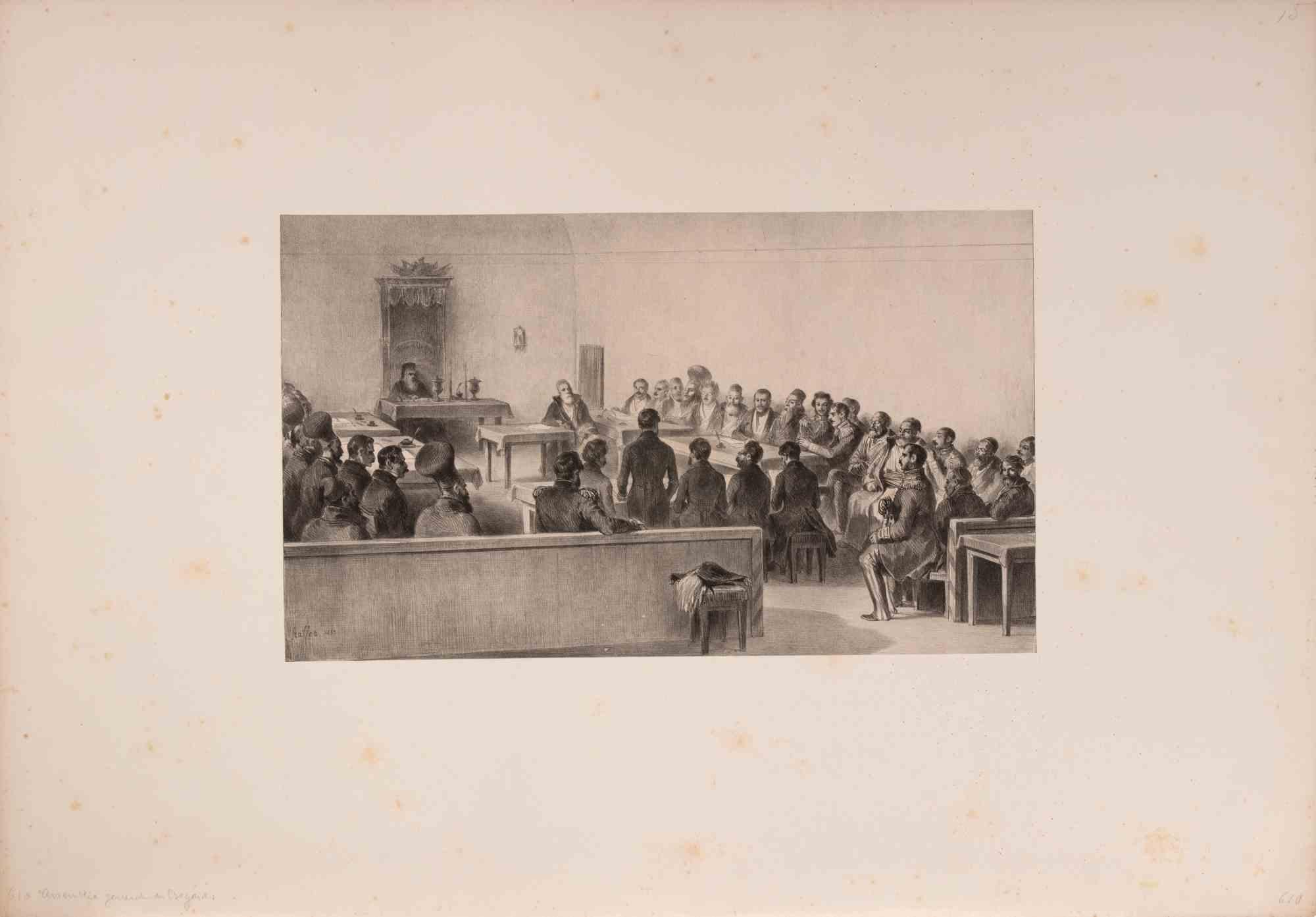 Lithograph on wove paper.

Signed and dated in the plate.

Image dimension: 19x32 cm.

A finely detailed scene depicting a Serbian general assembly, with the artist’s characteristic precision in rendering figures and interiors. Raffet, a leading