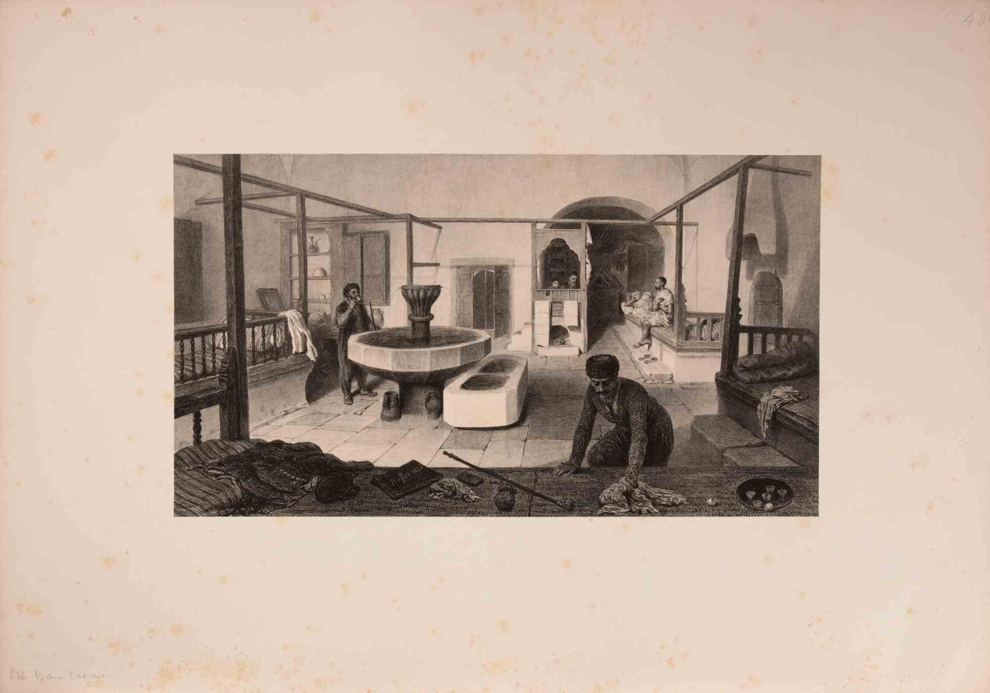 Lithograph on paper realized by Auguste Raffet in 1840.

It is part of the suite "Crimée".

Image dimension cm. 20x36.

Signed and dated in the plate.

This print shows the interior of a Crimea Tatar bathhouse (hamam), a traditional public bathing