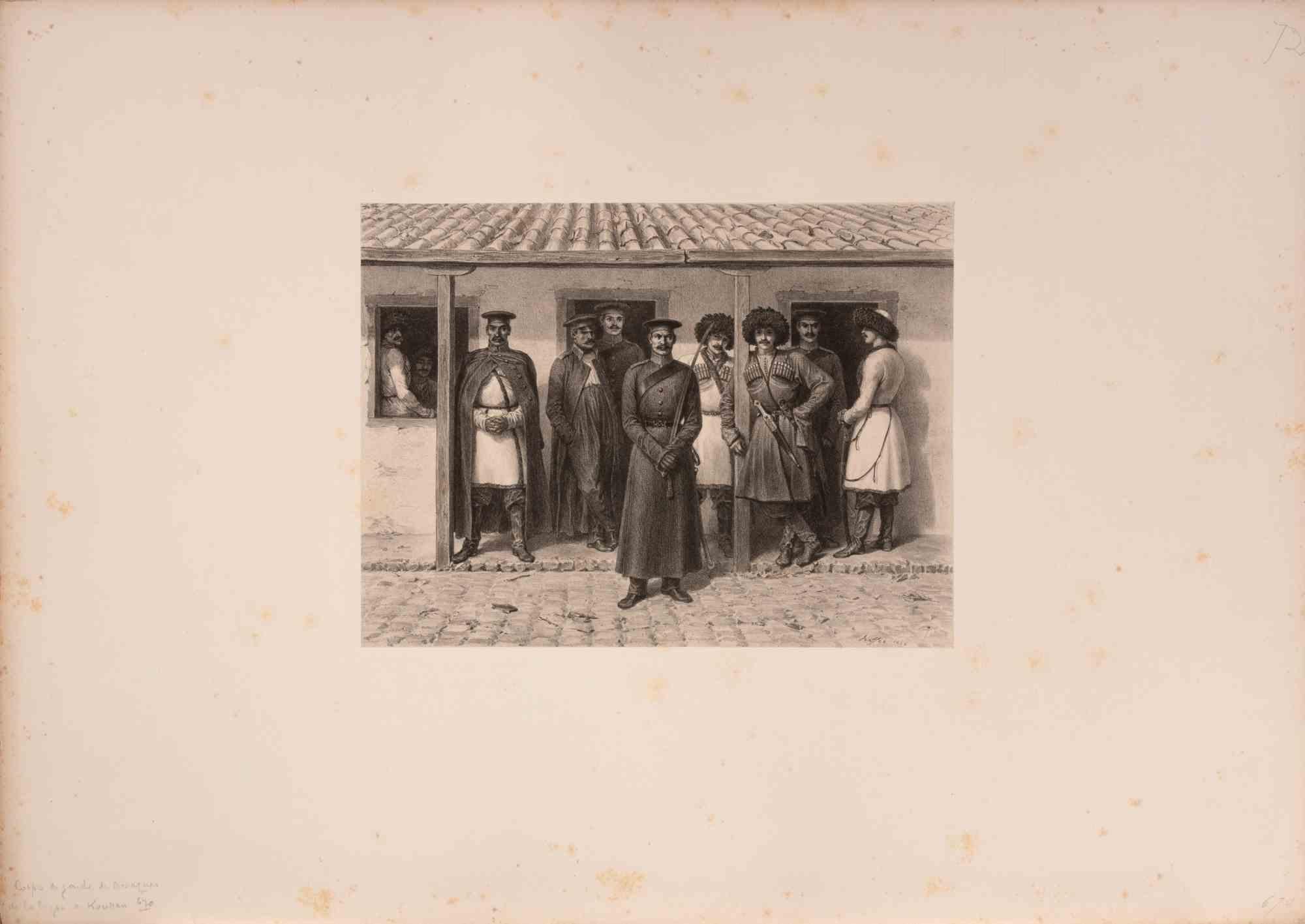 Lithograph on paper, realized in 1845.

This finely detailed lithograph by Auguste Raffet depicts a scene at the guard camp in Bourgas, featuring Russian soldiers and Cossacks during the mid-19th century. The group stands in a relaxed yet orderly