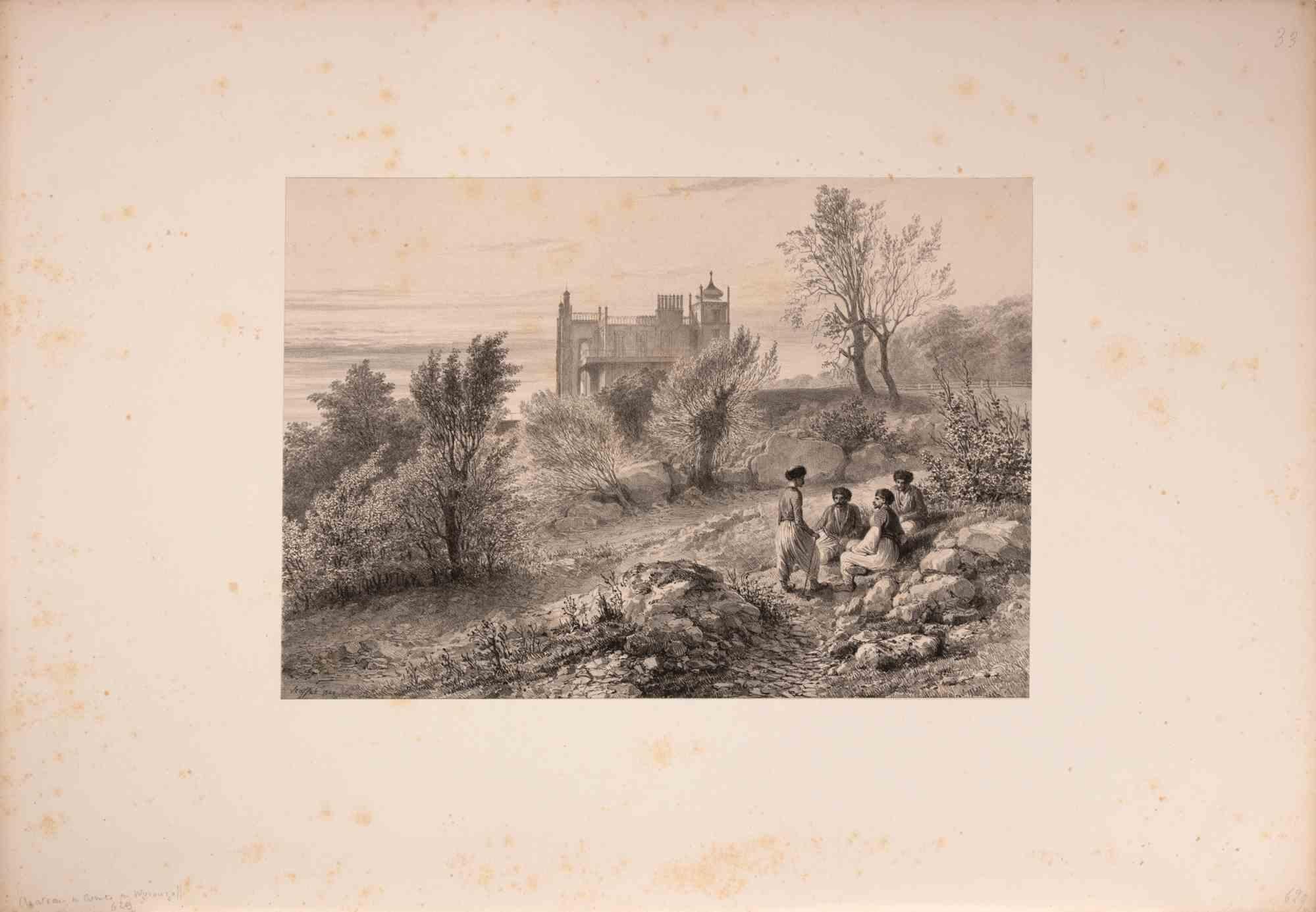 Lithograph on wove paper.

Signed and dated in the plate.

This lithograph by Auguste Raffet, one of France’s most celebrated lithographers of the 19th century, presents a romantic view of the Vorontsov Palace in Crimea, seat of the Count of