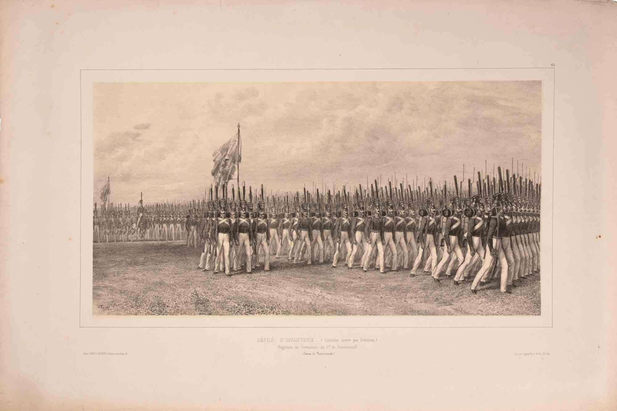 Lithograph on wove paper, signed in the plate.

Published by Gihaut Frères, Paris. Printed by Auguste Bry, Paris.

A highly detailed lithograph depicting the impressive parade of the Infantry Regiment of the Duke of Brunswick. Rows of grenadiers