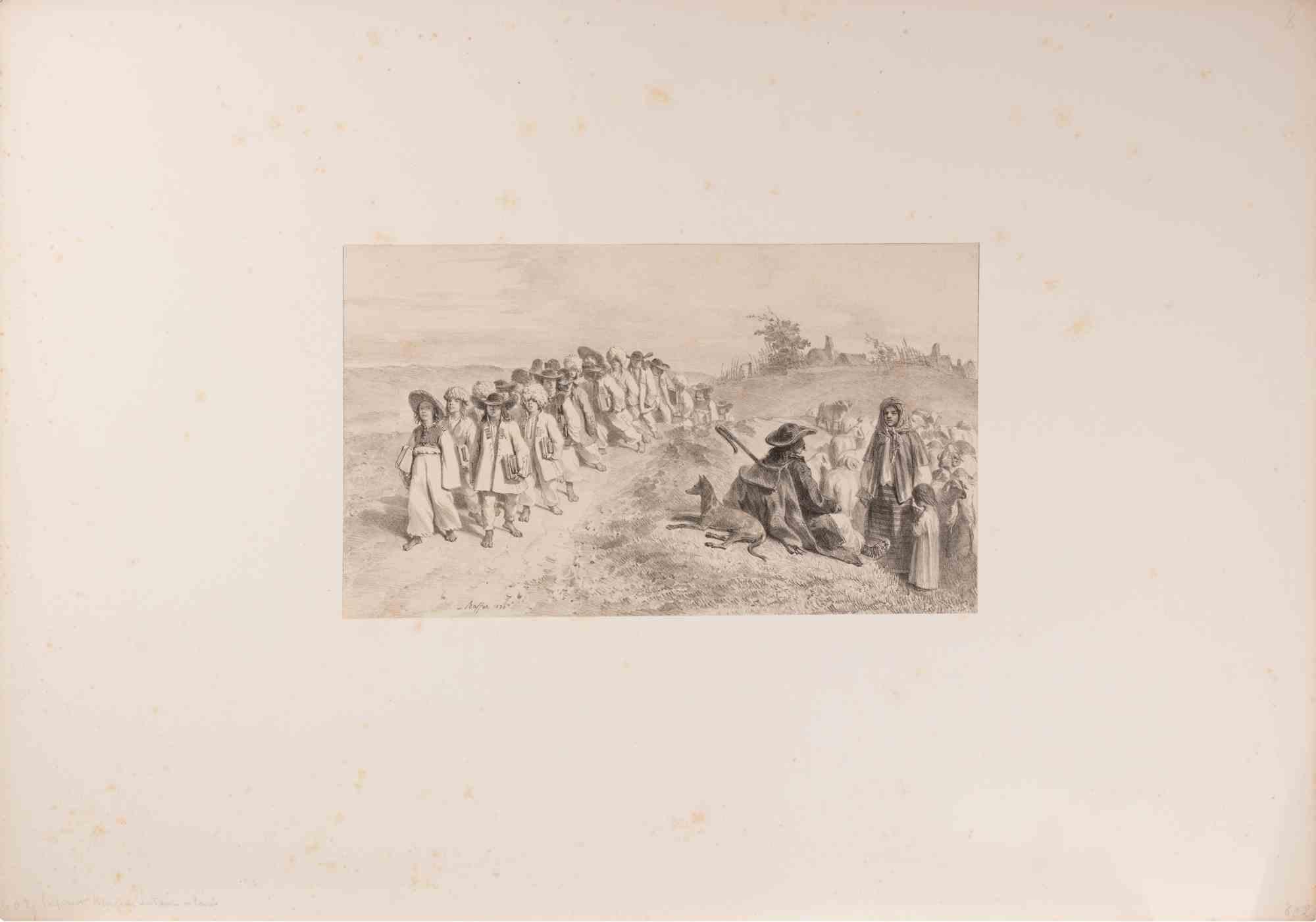 Lithograph on wove paper.

Signed and dated in the plate.

Image dimension: 16x27 cm.

This finely executed lithograph by Auguste Raffet, one of the foremost French lithographers of the 19th century, presents a rare and evocative glimpse into the