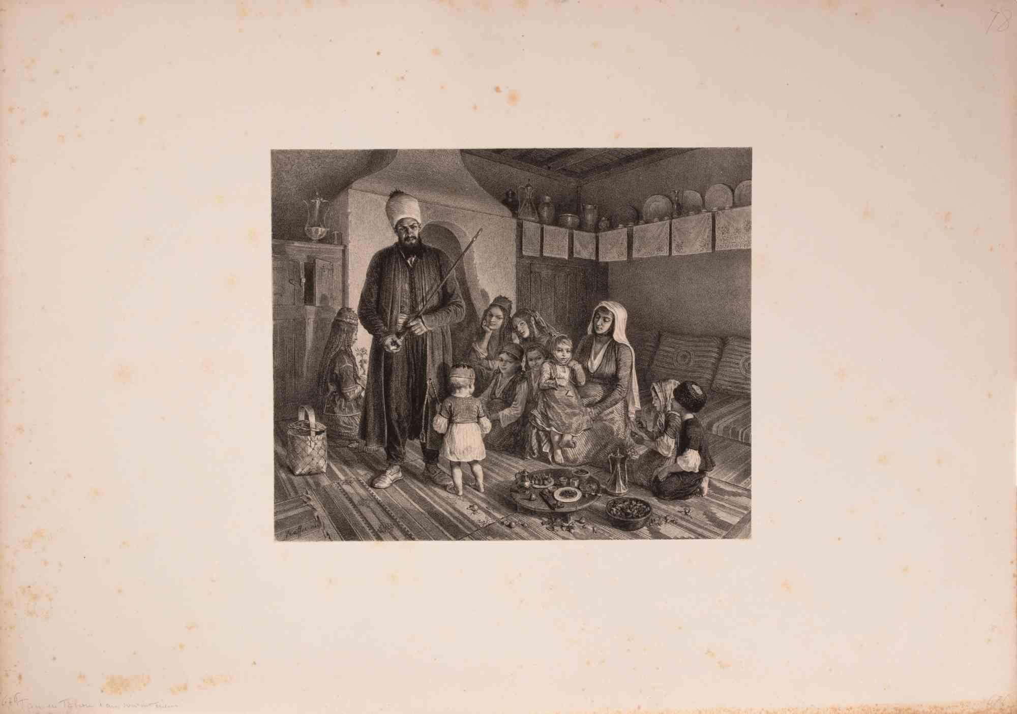 Lithograph on wove paper, realized in 1846.

Signed and dated in the plate.

This engaging interior scene by Auguste Raffet depicts an intimate moment in a Tatar household at mealtime. A bearded patriarch stands at the center holding a sabre,