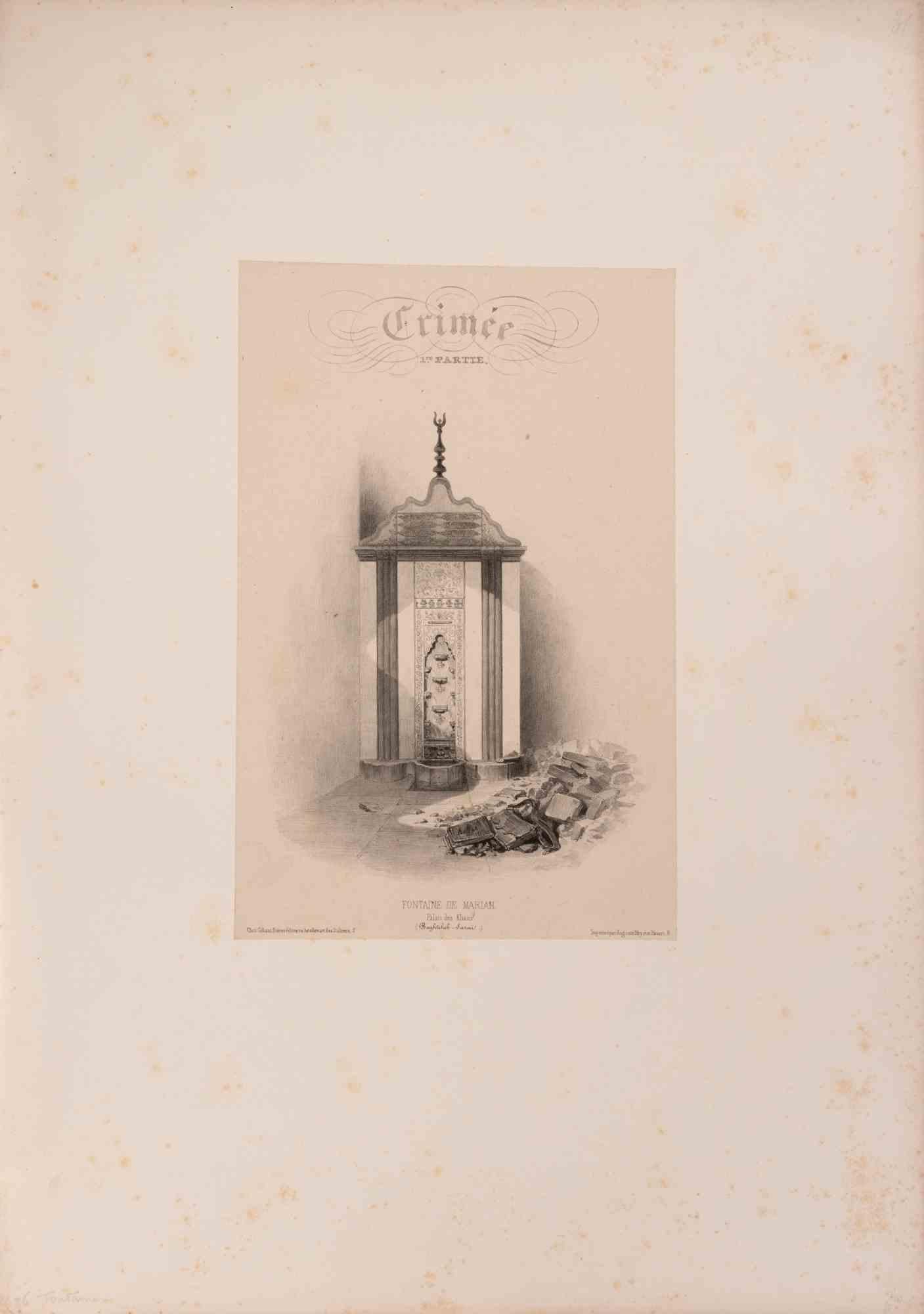 Lithograph on wove paper, signed in the plate.

This fine lithograph, executed by Auguste Raffet, depicts the Fontaine de Mariam, a richly ornamented fountain in Bakhchisarai, Crimea. Raffet, one of the most acclaimed lithographers of the 19th