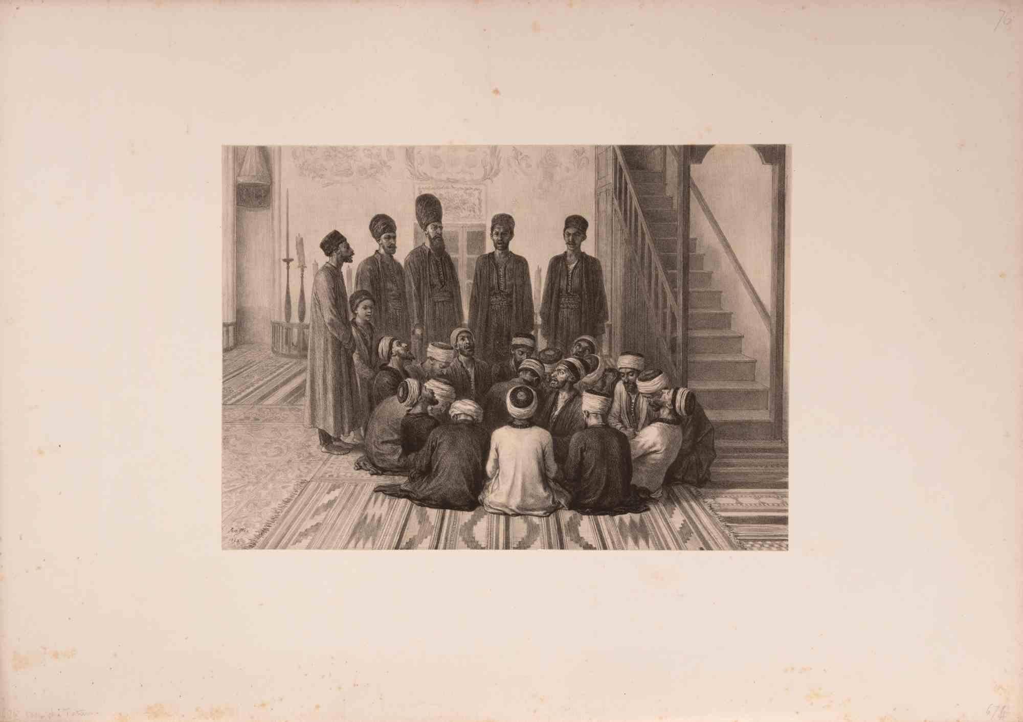 Lithograph on paper realized by Auguste Raffet in 1845.

This finely detailed lithograph by the acclaimed French artist and lithographer August Raffet depicts an intimate interior scene within a mosque. A group of seated men, wrapped in traditional