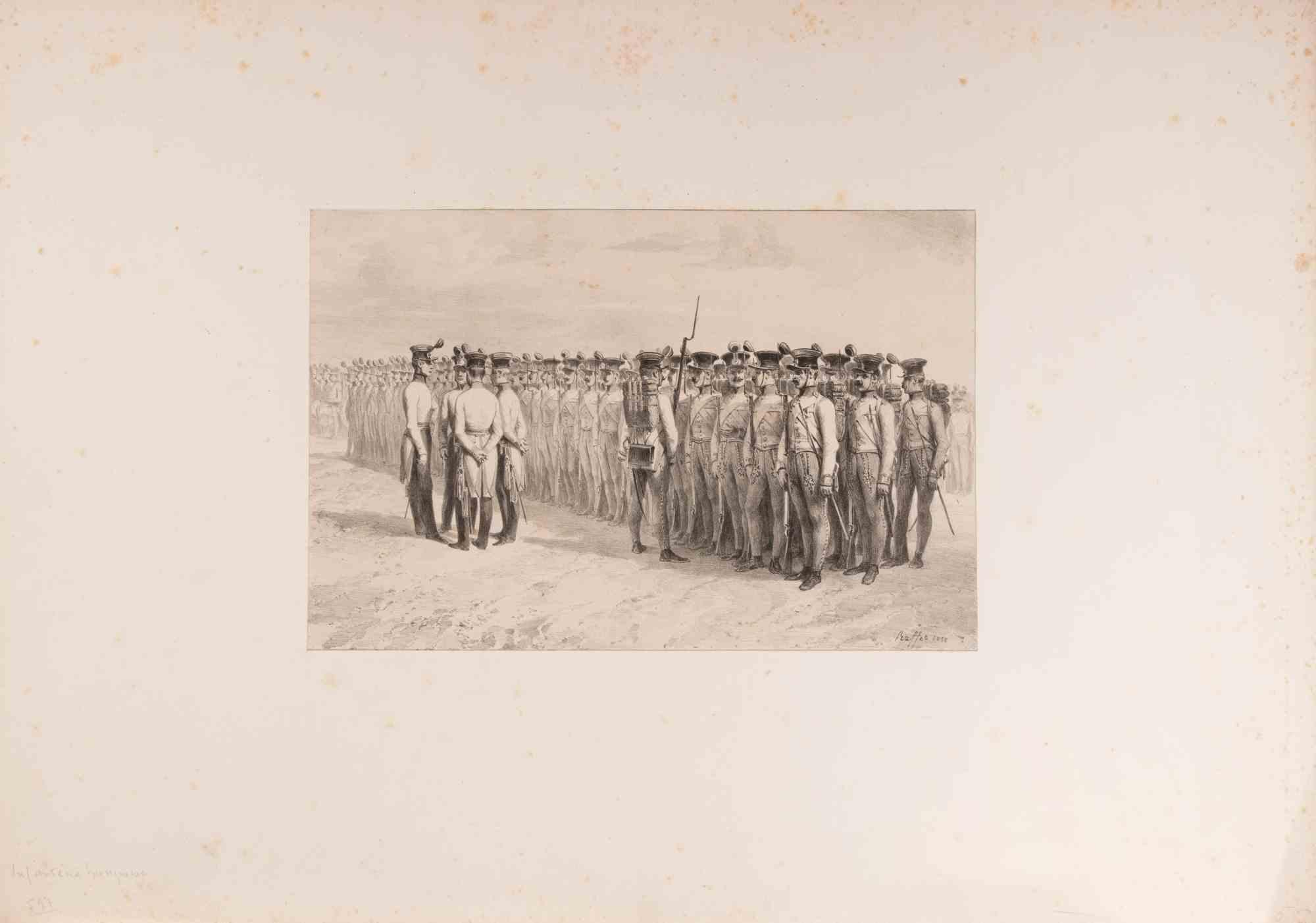 Lithograph on wove paper.

Signed and dated in the plate.

This finely detailed lithograph by Auguste Raffet, one of the foremost chroniclers of 19th-century military life, presents a striking scene of Russian troops assembled for inspection. Long