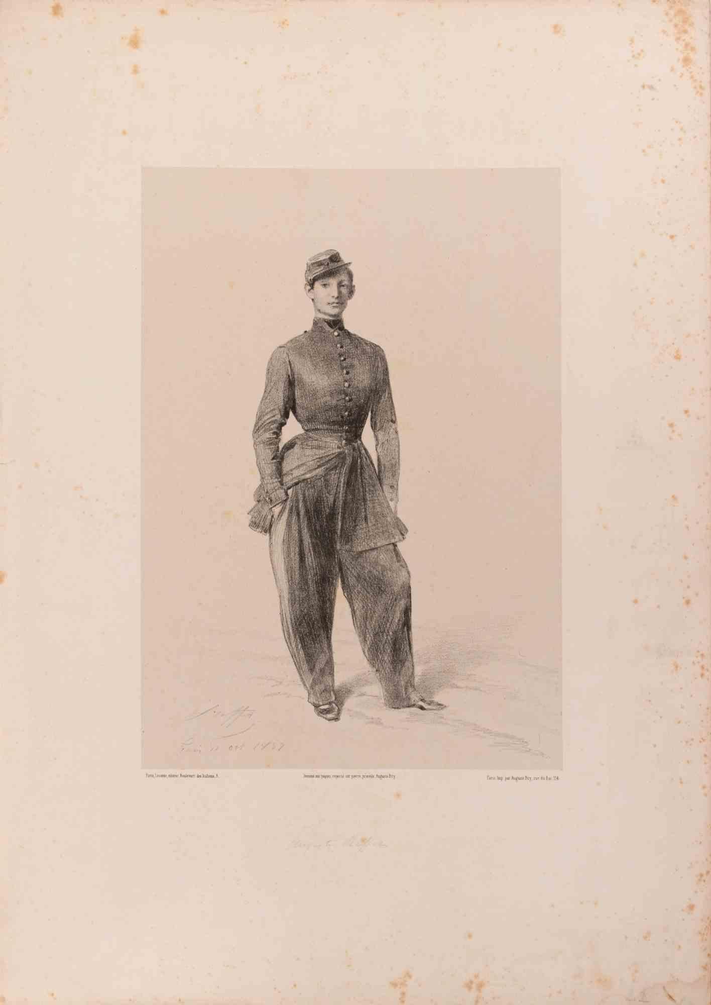 Lithograph on paper realized by Auguste Raffet in 1857.

Image dimension cm. 33x23.

Signed and dated in the plate.

This lithograph by Auguste Raffet presents a full-length portrait of a young female cantinière (vivandière) from the mid-19th