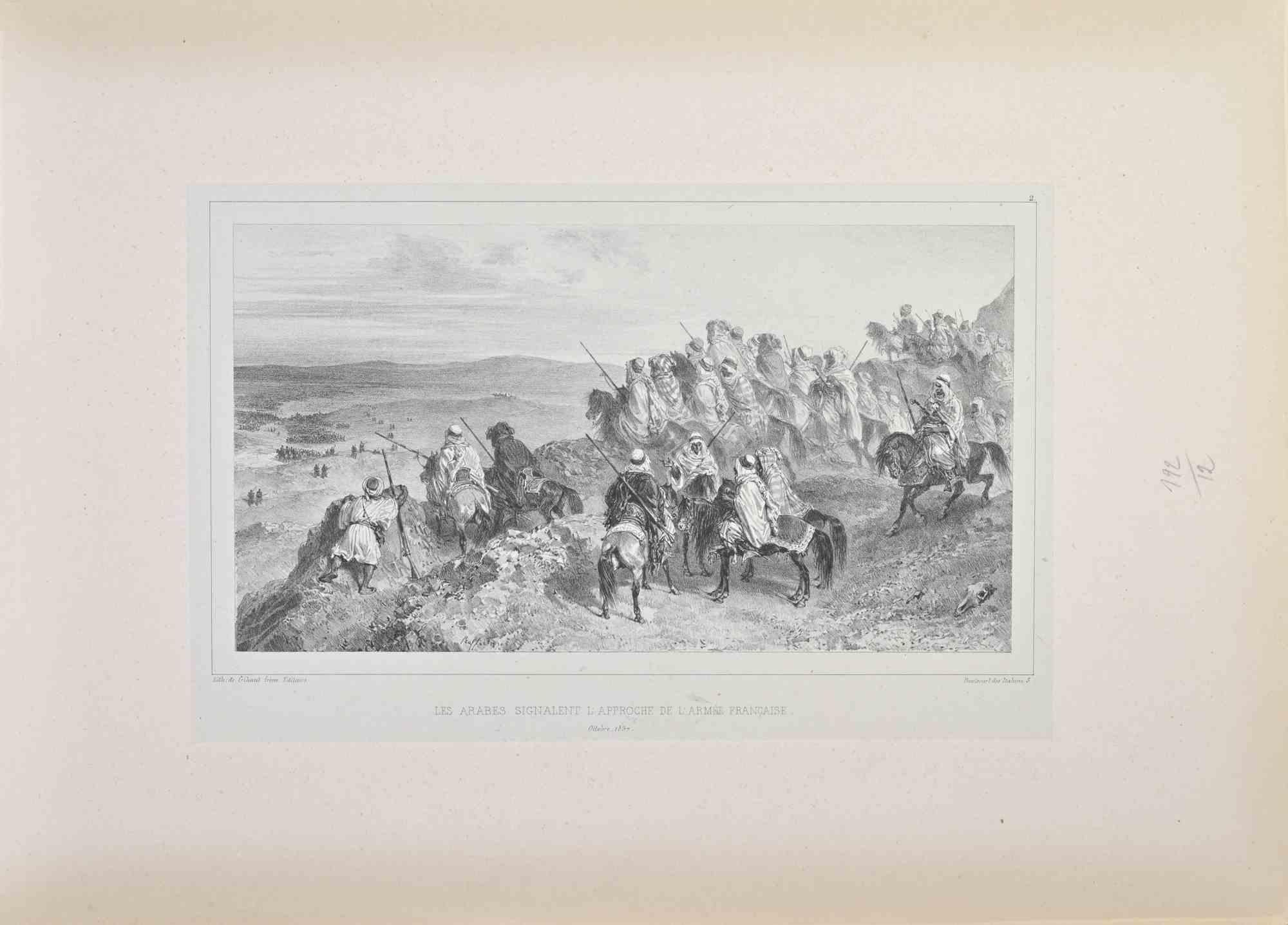 Les Arabes signalent l'approche de l'armée française is a Lithograph realized by Auguste Raffet in the 1860s.

Signed in the plate.

Good condition