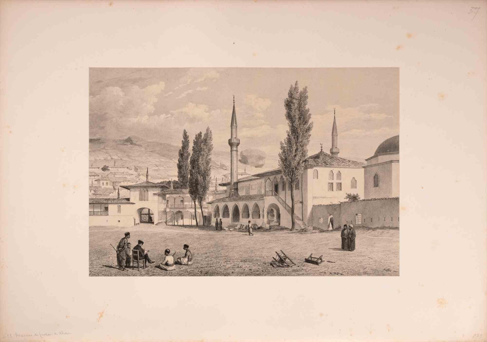 Lithograph on wove paper.

Signed and dated on plate.

This evocative lithograph by Auguste Raffet, one of the most accomplished French lithographers of the 19th century, depicts the celebrated Khan’s Palace and its adjoining mosque in Bakhchisarai,