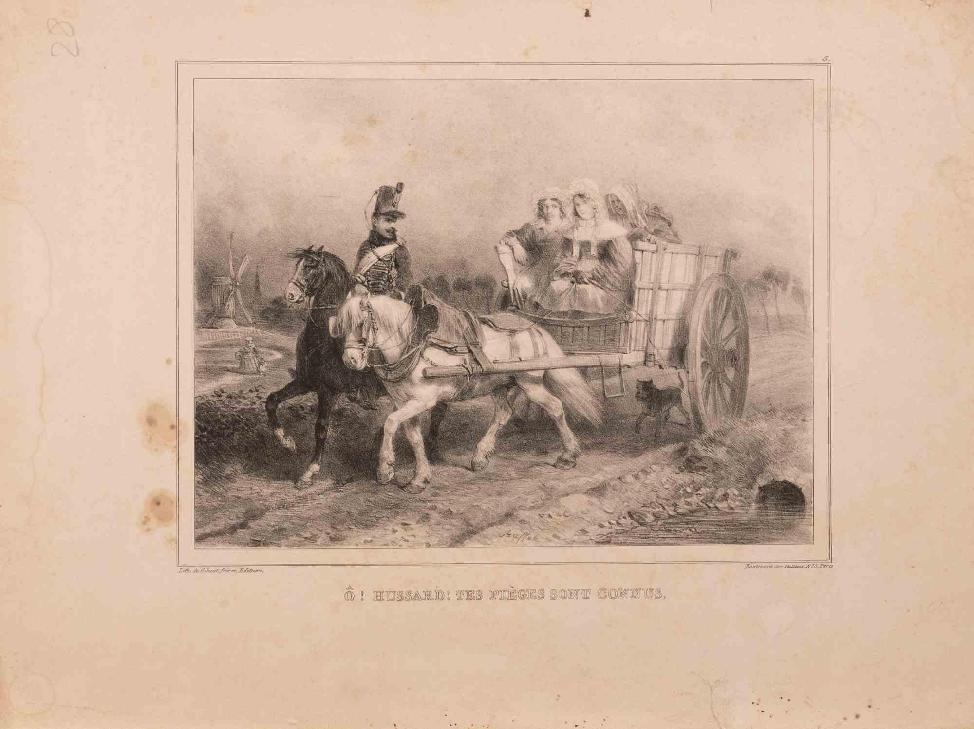 Lithograph on paper, realized by Raffet in the mid-19th century.
A spirited Romantic-era lithograph depicting a French hussar riding alongside a rustic cart drawn by two horses, inside of which sit three young women—two coyly smiling, one glancing