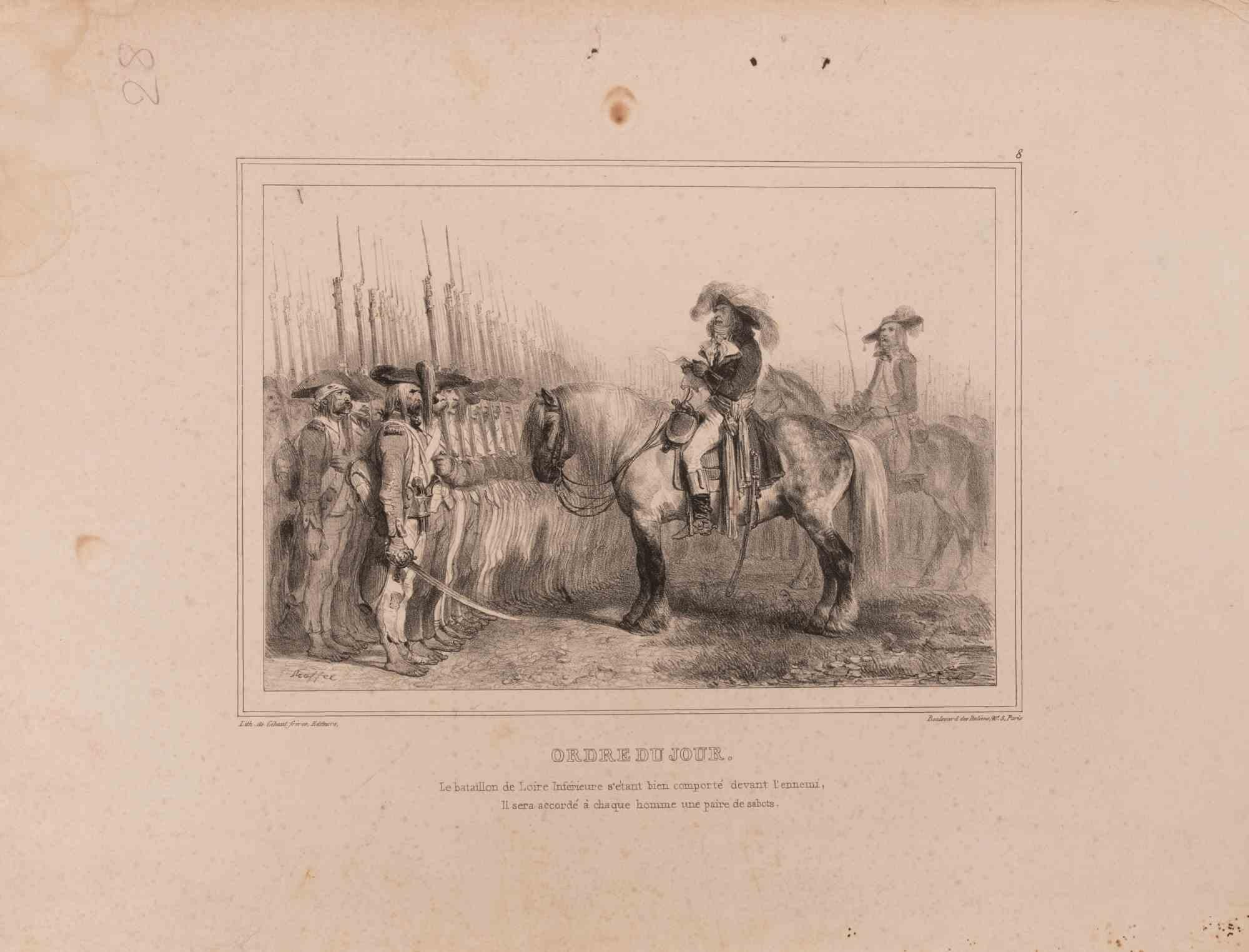 Lithograph published by Gihaut Frères, Paris.

Signed in the stone Raffet lower left, with printer’s credit below the composition.

This lithograph depicts a French officer on horseback addressing his battalion, lined in formation with bayonets