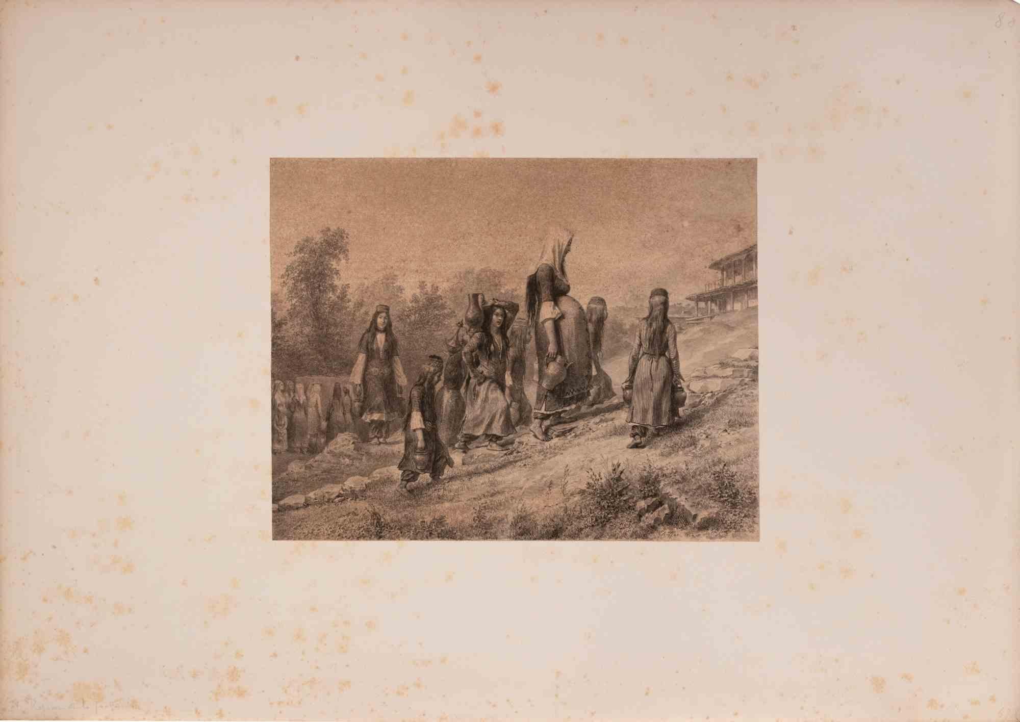 Oriental Women at the Fountain - Lithograph by Auguste Raffet - 1830s